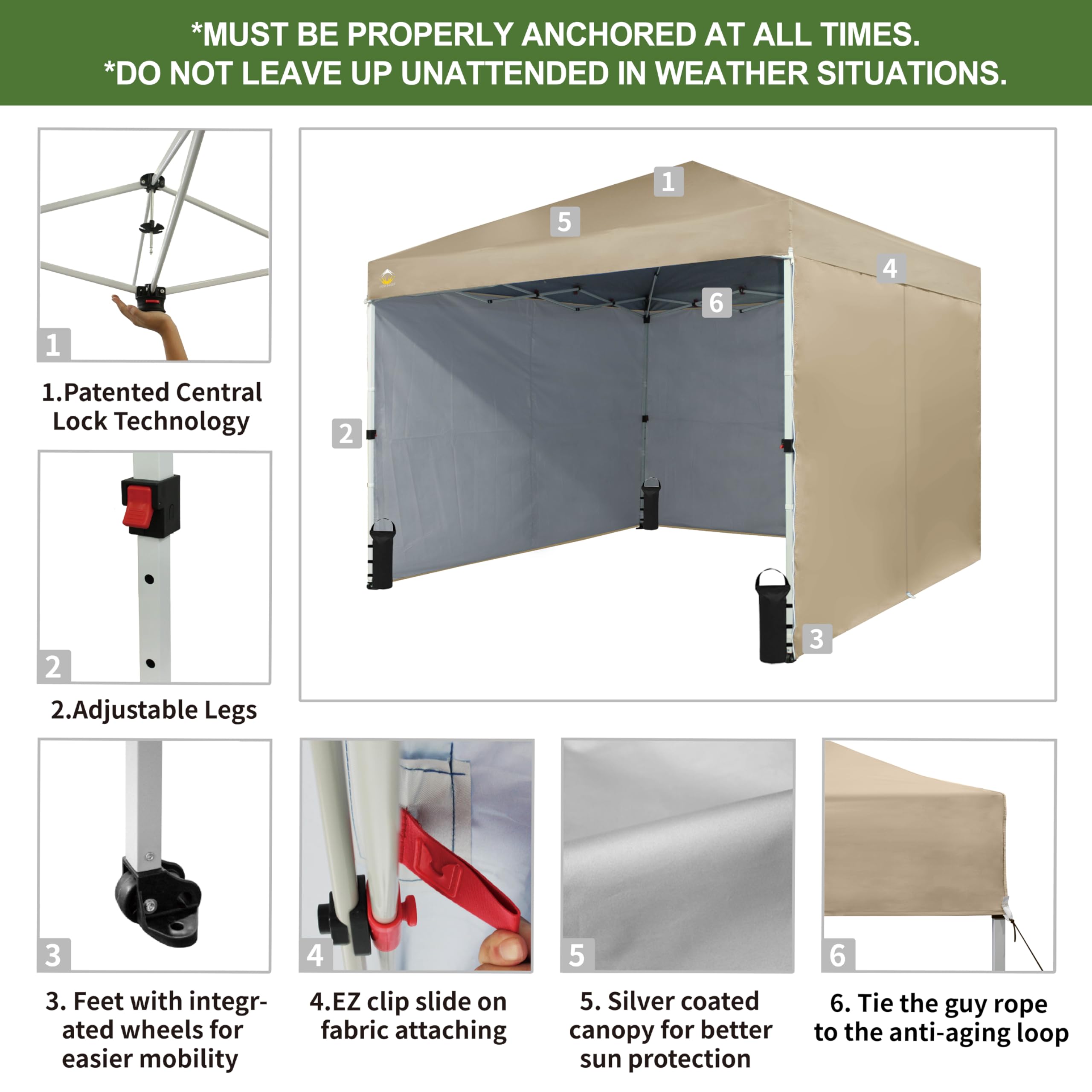 10x10 Instant Pop Up Canopy Tent with Sidewalls - Beige for Outdoor Events & Markets