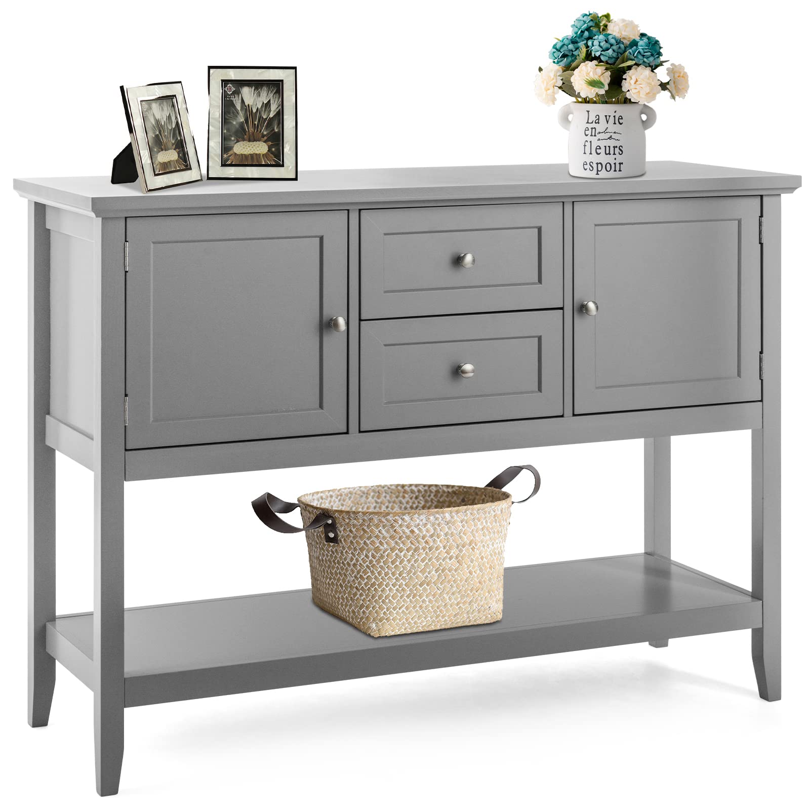 COSTWAY Grey Buffet Sideboard with 2 Wood Storage Drawers & Open Shelf - Modern Console Table for Living Room, Kitchen & Dining Room Furniture | Perfect for Home Storage & Display