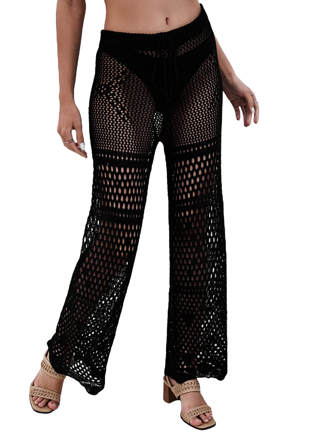 MakeMeChic Women's Crochet Knitted Sheer Beach Cover Up Pants with Drawstring - Lightweight Swimwear Cover Up for Pool, Beach Vacation & Summer Outfits