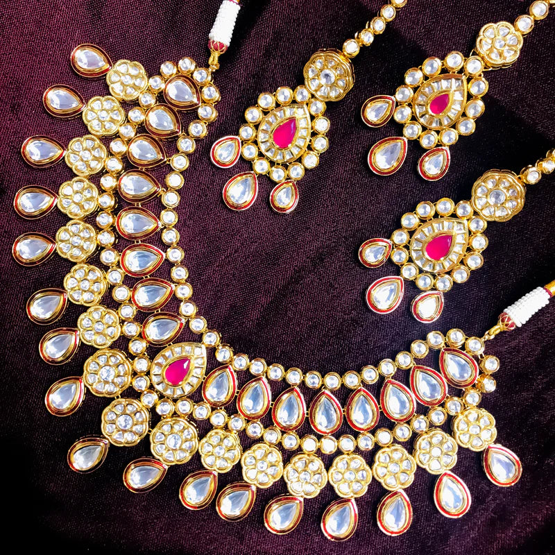 Elegant Designer Gold Plated Royal Kundan Bridal Jewelry Set - Necklace, Earrings & Mangtikka for Weddings, Parties & Special Occasions