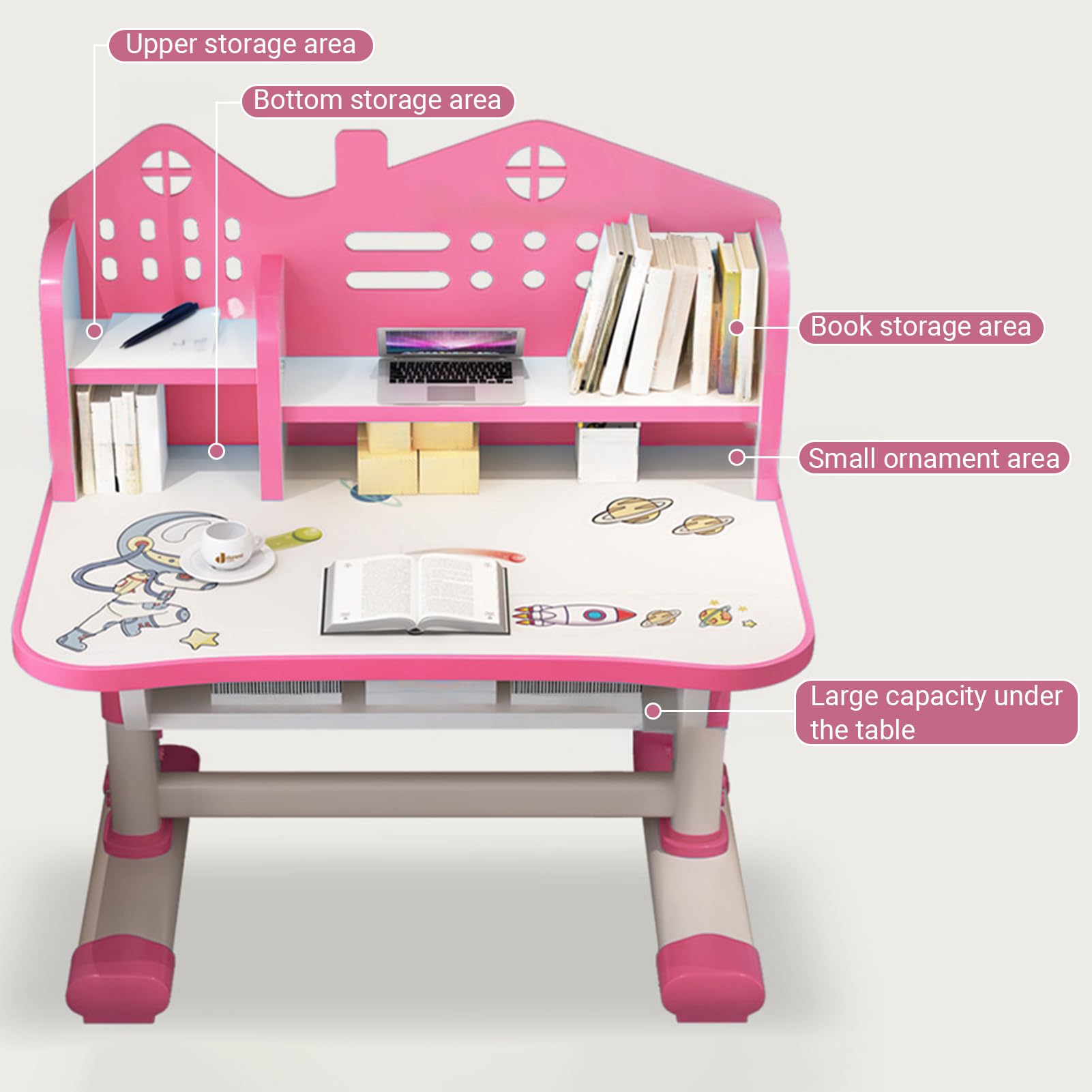 Adjustable Height Kids Study Desk and Chair Set - Small Standing Desk with Widened Desktop, Multi-Separation Cartoon Pattern & Storage Drawers (Pink) | Perfect for Children's Bedroom, Homeschooling & Small Space Learning Areas