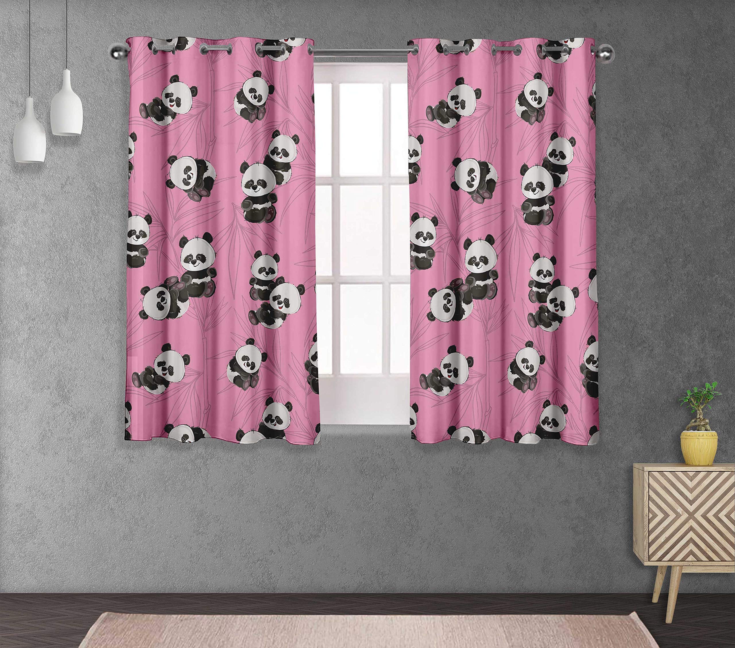 S4Sassy Cotton Duck Tree & Panda Pink Kids Window Curtains Set of 2 - 54x84 Inches Long Panel Eyelet Drapes for Bedroom & Nursery Decor