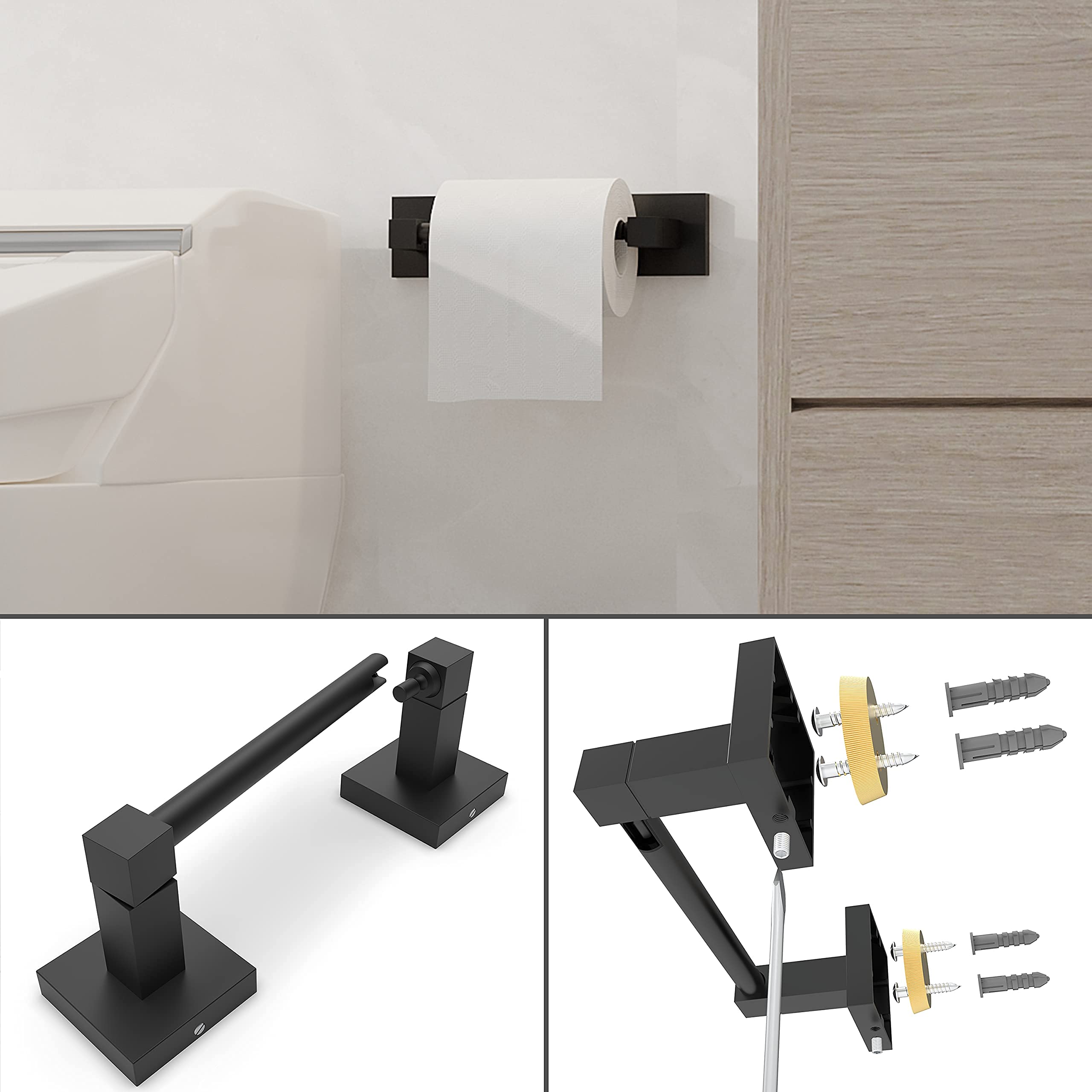 Modern Matte Black Toilet Paper Holder & Towel Ring Set - Stainless Steel & Zinc Alloy Wall Mounted Bathroom Hardware (2-Piece) - Perfect for Contemporary Homes, Apartments & Luxury Hotels