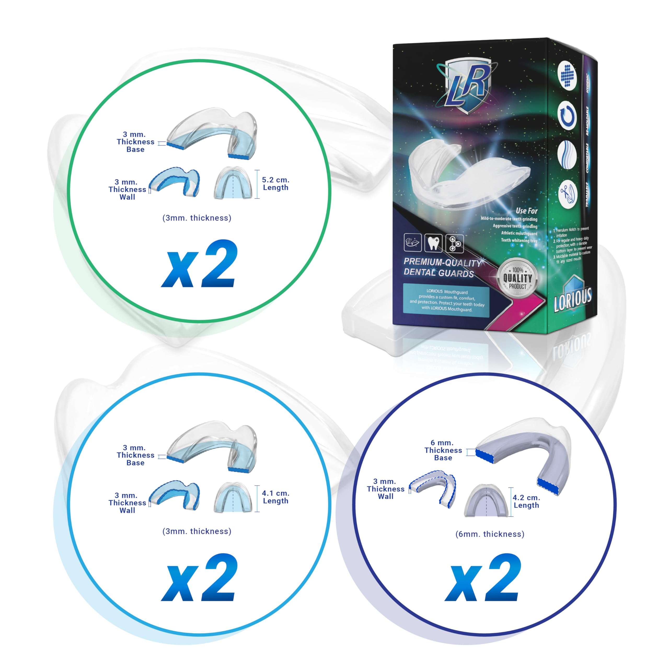 Customizable Moldable Mouthguards Pack of 6 (3 Sizes) - Dental Night Guard for Teeth Grinding & Clenching, Sports Protection, Teeth Whitening Tray - Perfect for Boxing, MMA, Sleep Bruxism & Home Whitening