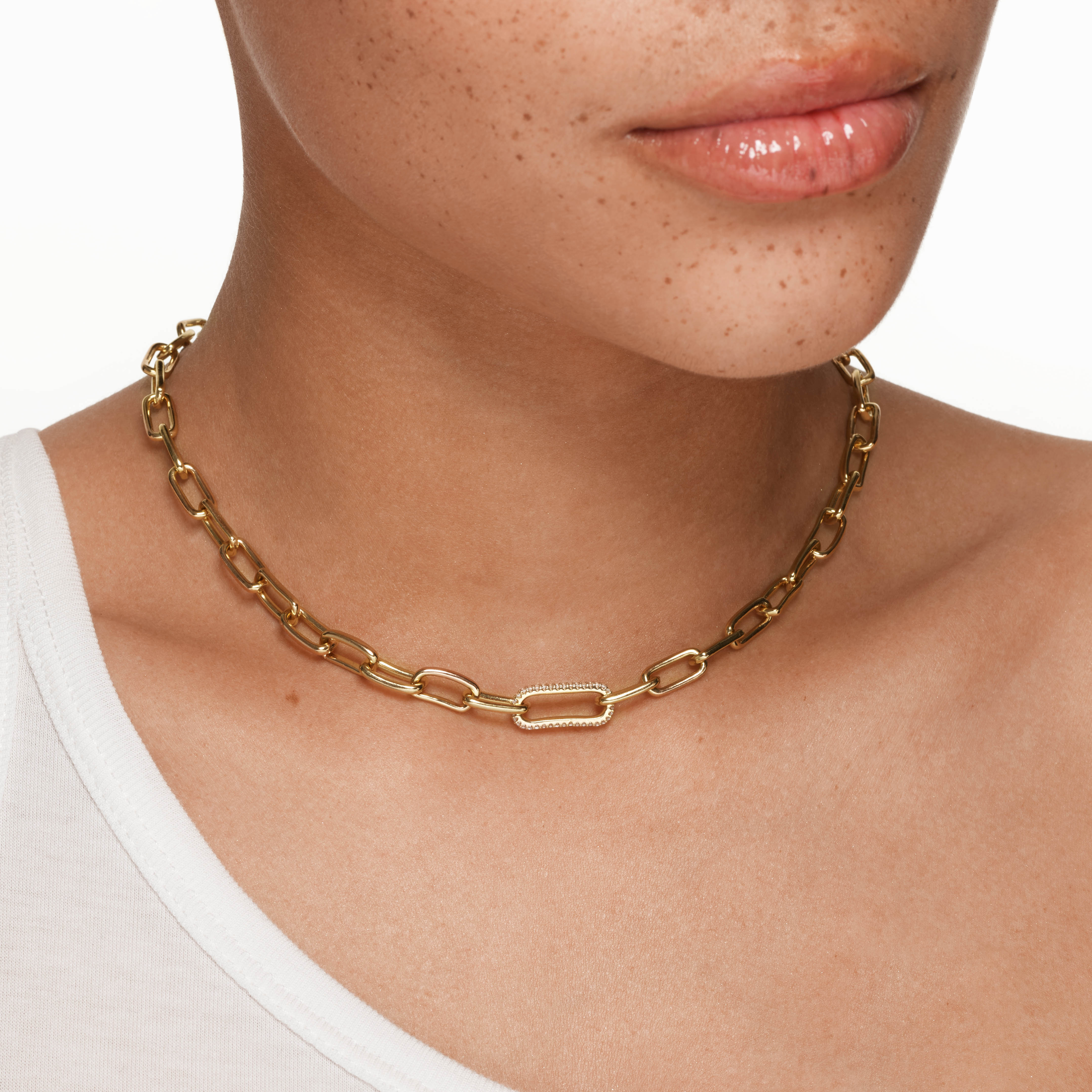 14K Gold White Zircon Pave Paperclip Link Chain Necklace - Elegant Layering Piece for Women, Perfect for Everyday Wear & Special Occasions