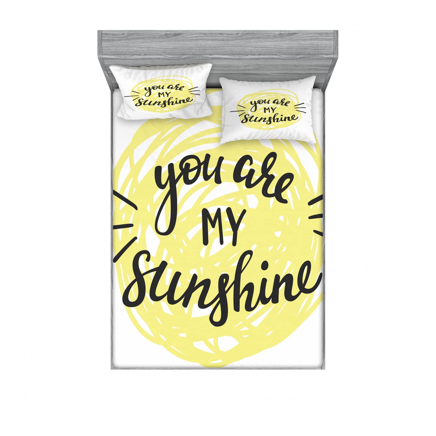 Ambesonne 2-Piece Full Size Fitted Sheet Set with 4 Pillow Shams - Hand-Painted Sun Romance Design in Pale Yellow & Black - Soft Bedding Collection for Cozy Bedroom Decor | Perfect for Guest Rooms, Dormitories & Vacation Homes
