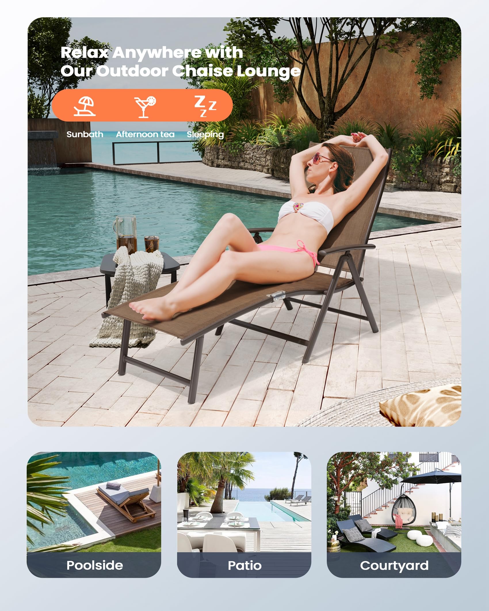 Pellebant Outdoor Chaise Lounge Set of 2 - Adjustable Aluminum Pool Lounge Chairs with Footrest - Foldable Patio Furniture for Beach, Poolside, Deck & Backyard Relaxation (2-Piece Set, Brown) - Perfect for Sunbathing, Lounging by the Pool, or Outdoor Entertaining