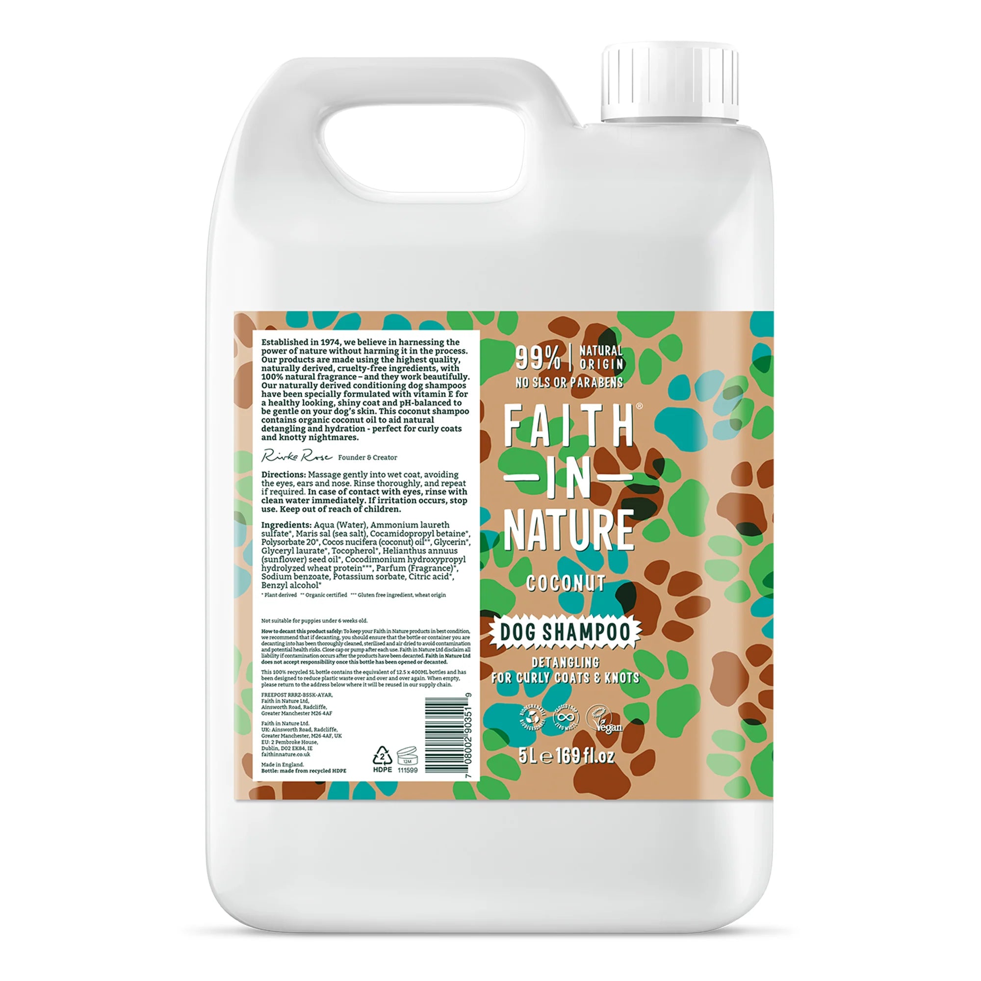 Faith in Nature Coconut Dog Shampoo 5L - Natural & Gentle Pet Shampoo for Dogs with Dry Skin - Hydrating Coconut Formula for Bathing & Grooming - Perfect for Home Use & Professional Pet Salons