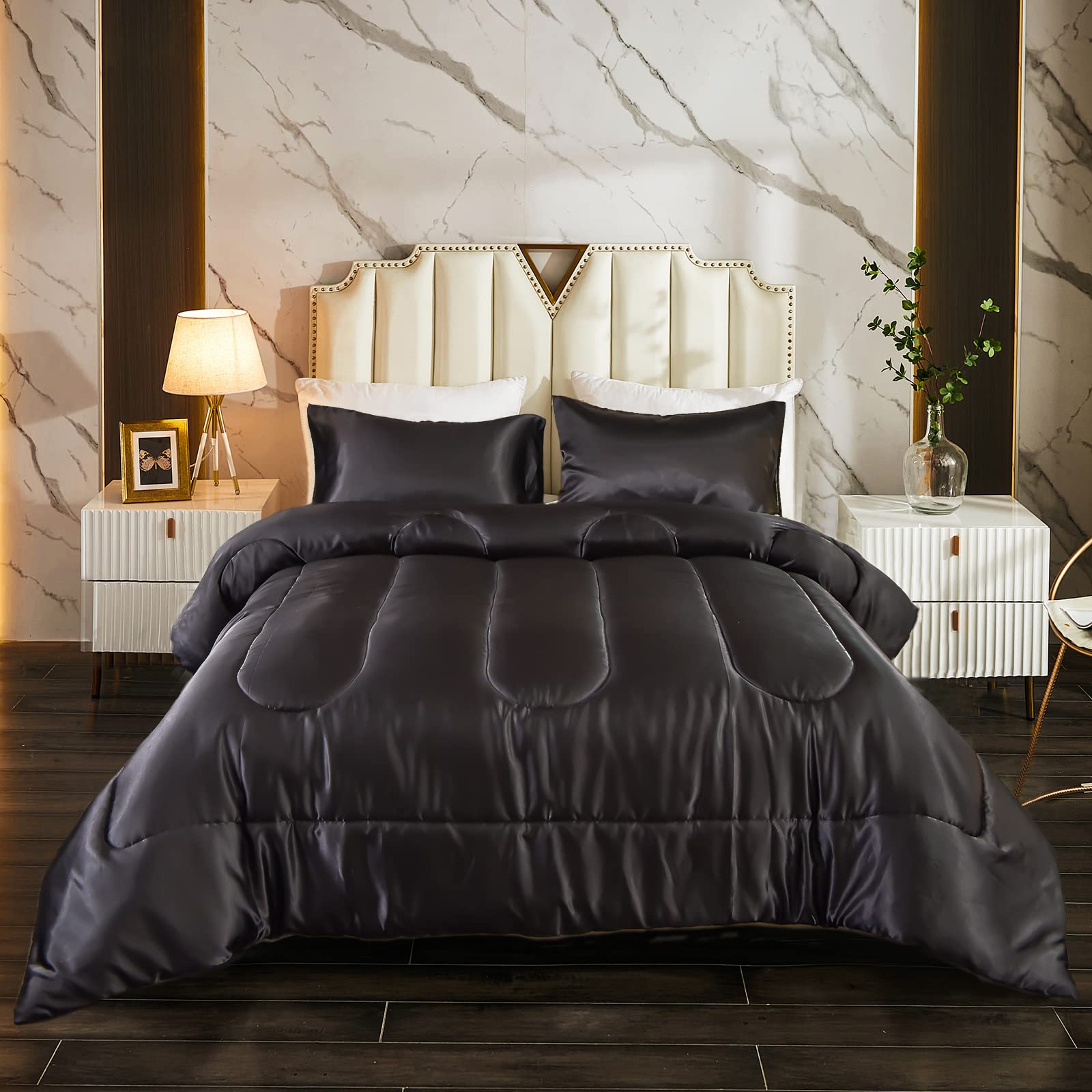 Luxury Satin Comforter Set - Black King Size Down Alternative Bedding | Silk-Like Softness | 1 Comforter + 2 Pillowcases | Perfect for Master Bedroom & Guest Room Decor