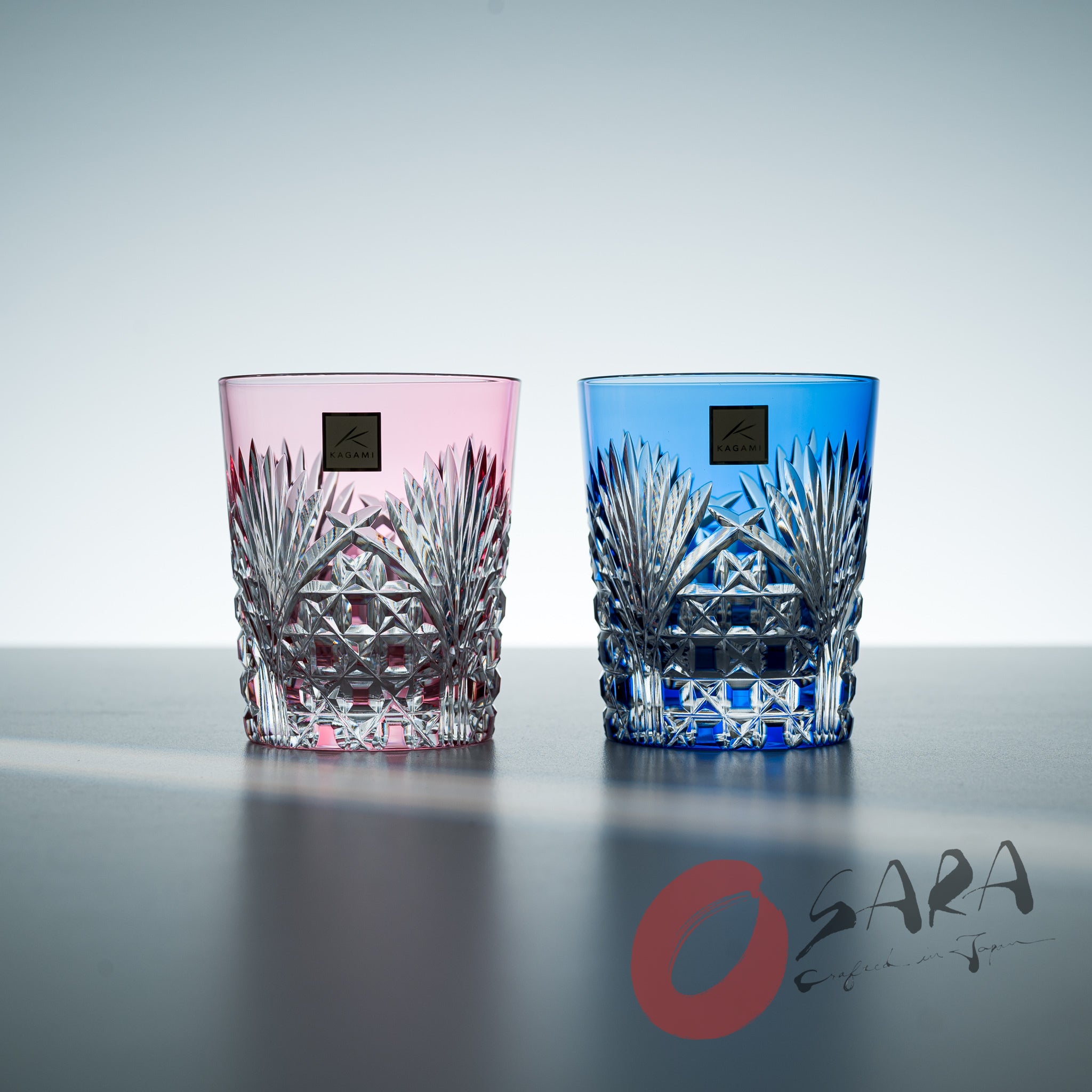 KAGAMI Crystal Edo Kiriko Pair Whiskey Glasses Set - 240ml Handcrafted Japanese Cut Glass with Bamboo Leaf Design - Perfect for Whiskey Tasting, Home Bar Decor & Luxury Gift Giving