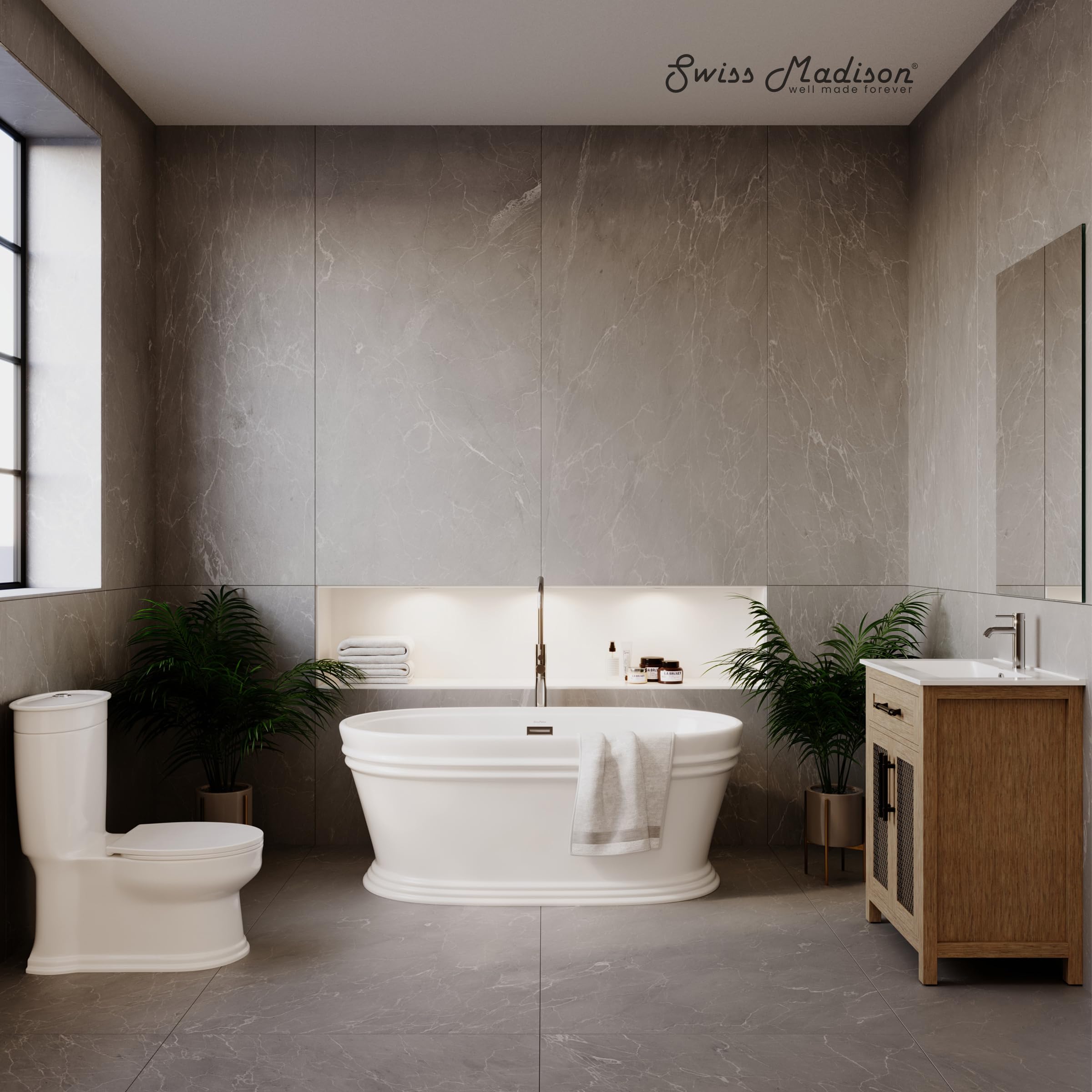 Santorini Elongated One-Piece Toilet with Dual Flush 1.1/1.6 GPF - Water Efficient White Bathroom Toilet for Modern Homes & Commercial Spaces