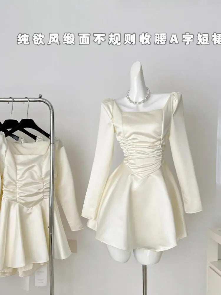 2024 Women's Fashion Square Neck Long Sleeve Pleated Mini Dress - Elegant High Waist Party Dress in Beige | Perfect for Cocktail Parties, Date Nights & Holiday Events