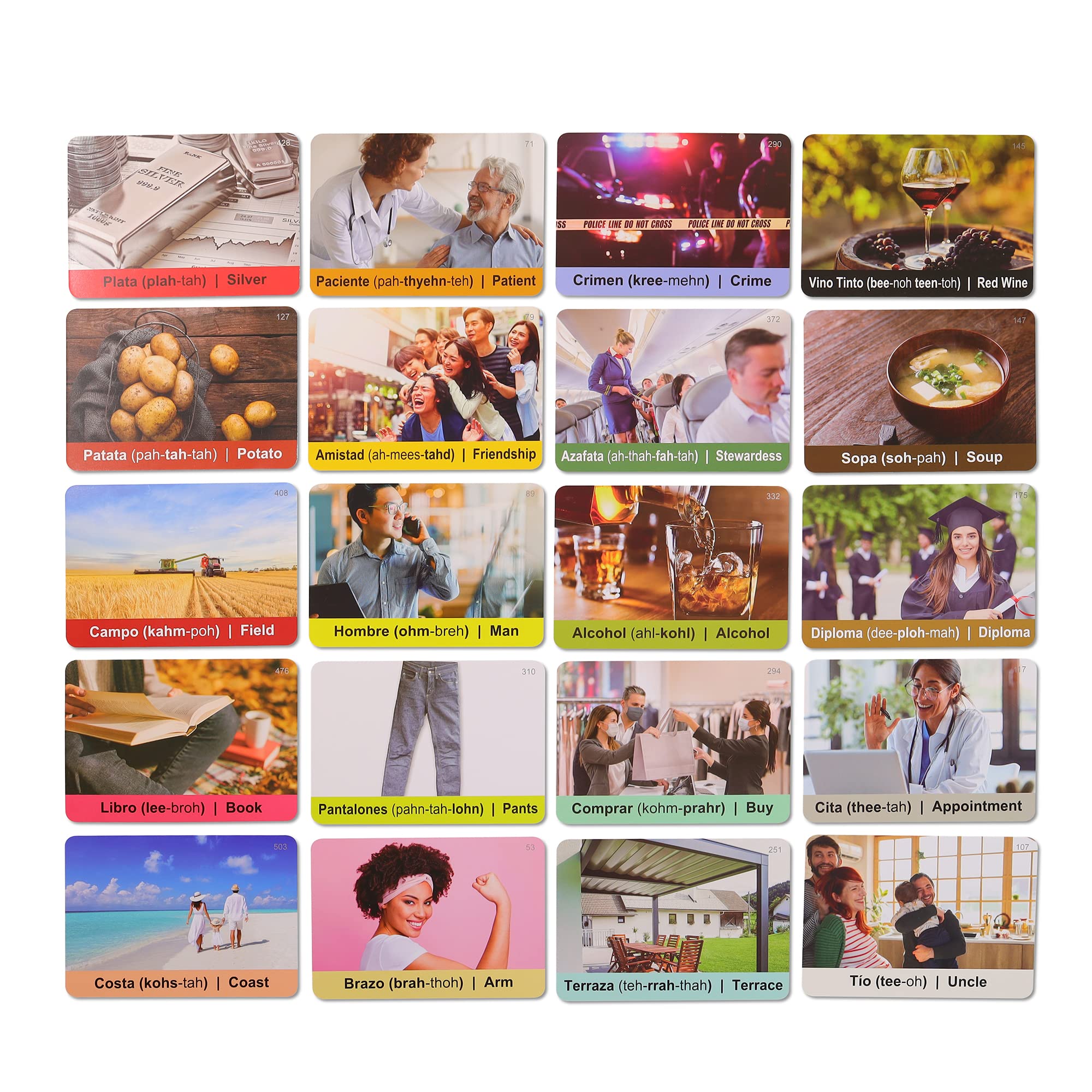 Spedemy Spanish Flash Cards for Adults & Kids - 276 Vocabulary Cards with Pictures, English Meaning & Pronunciation - 720 Words in 47 Categories - Alphabet Chart for Beginners - Perfect for Home Learning, Classroom & Travel Language Practice