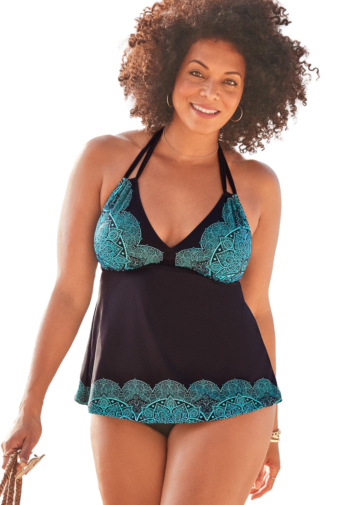 Plus Size Women's Swimsuits - Halter Tankini Set with Apron Coverage | Flattering Swimwear for Curvy Women | Perfect for Beach, Pool & Vacation
