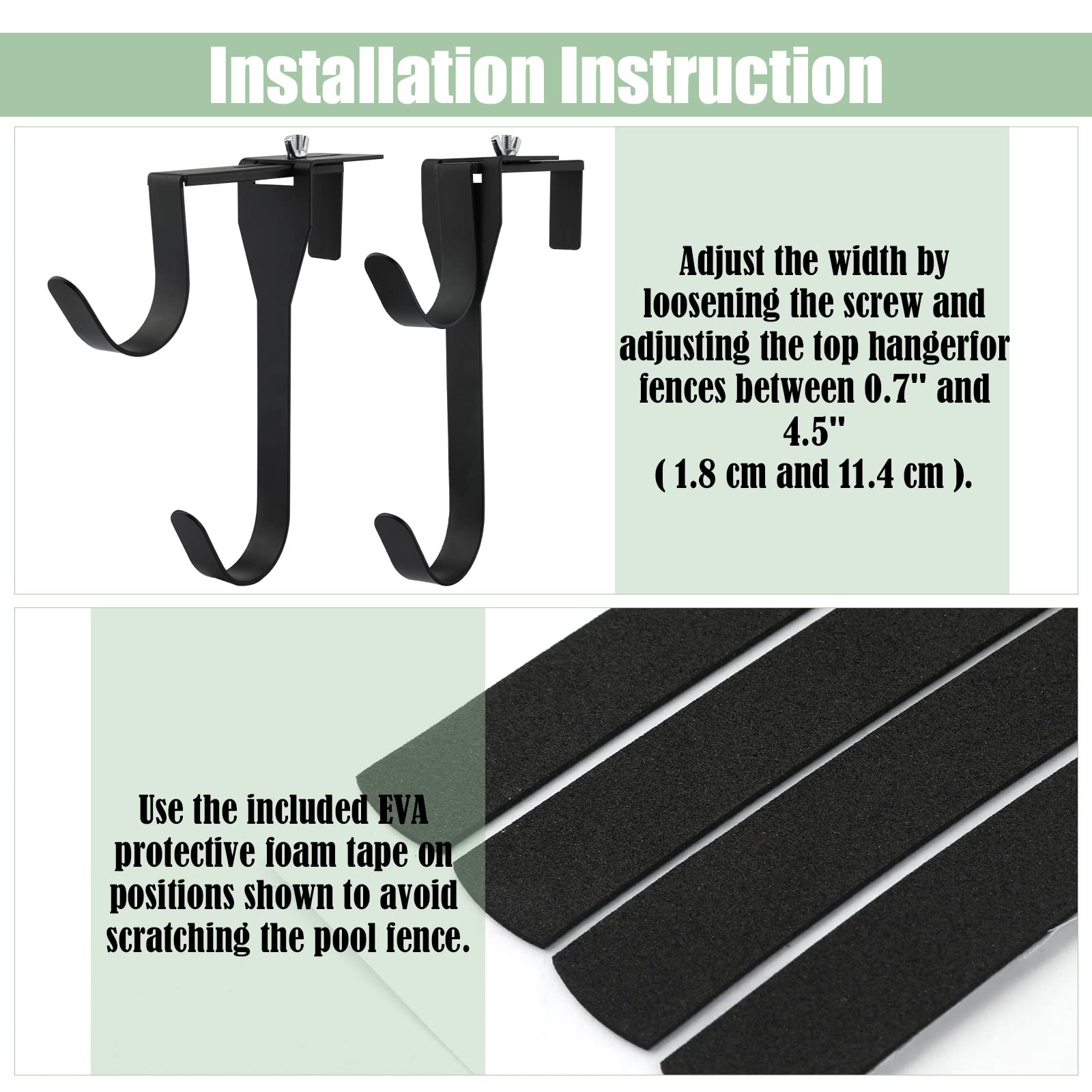 AIEX 2-Pack Adjustable Pool Pole Hooks - Heavy Duty Rustproof Metal Hanging Hooks for Pool Fence & Wall Mounting | Perfect for Inground & Above Ground Pools (Black) - Ideal for Pool Maintenance, Safety Fencing & Backyard Organization