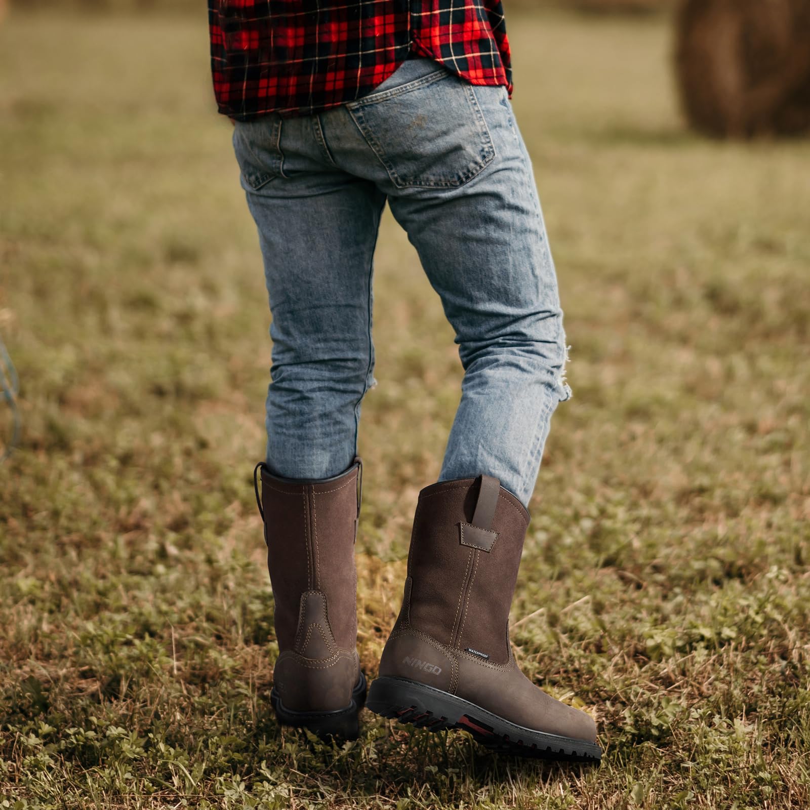 HISEA NINGO Men's Steel & Soft Toe Work Boots - 100% Waterproof Wellington Boots with Full-Grain Leather, Oil & Slip Resistant, Hazard Protection - Pull On Work Boots for Construction, Farming & Outdoor Work