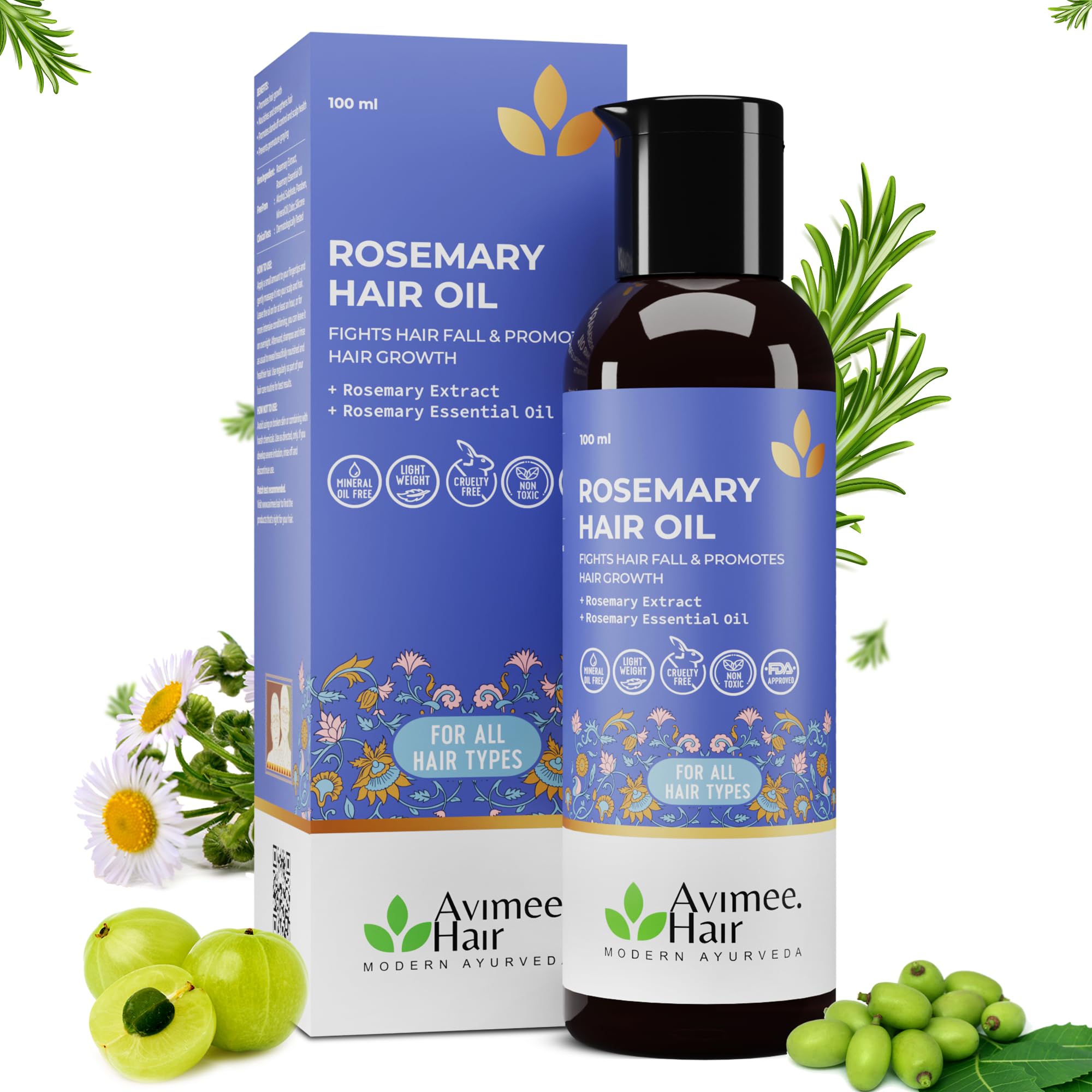 Avimee Herbal Rosemary Hair Oil for Hair Growth & Scalp Care | 100% Pure Natural Treatment for Hair Loss, Dandruff & Thinning Hair | Mineral Oil Free | 100ml | Perfect for Daily Hair Care Routine & Scalp Massage