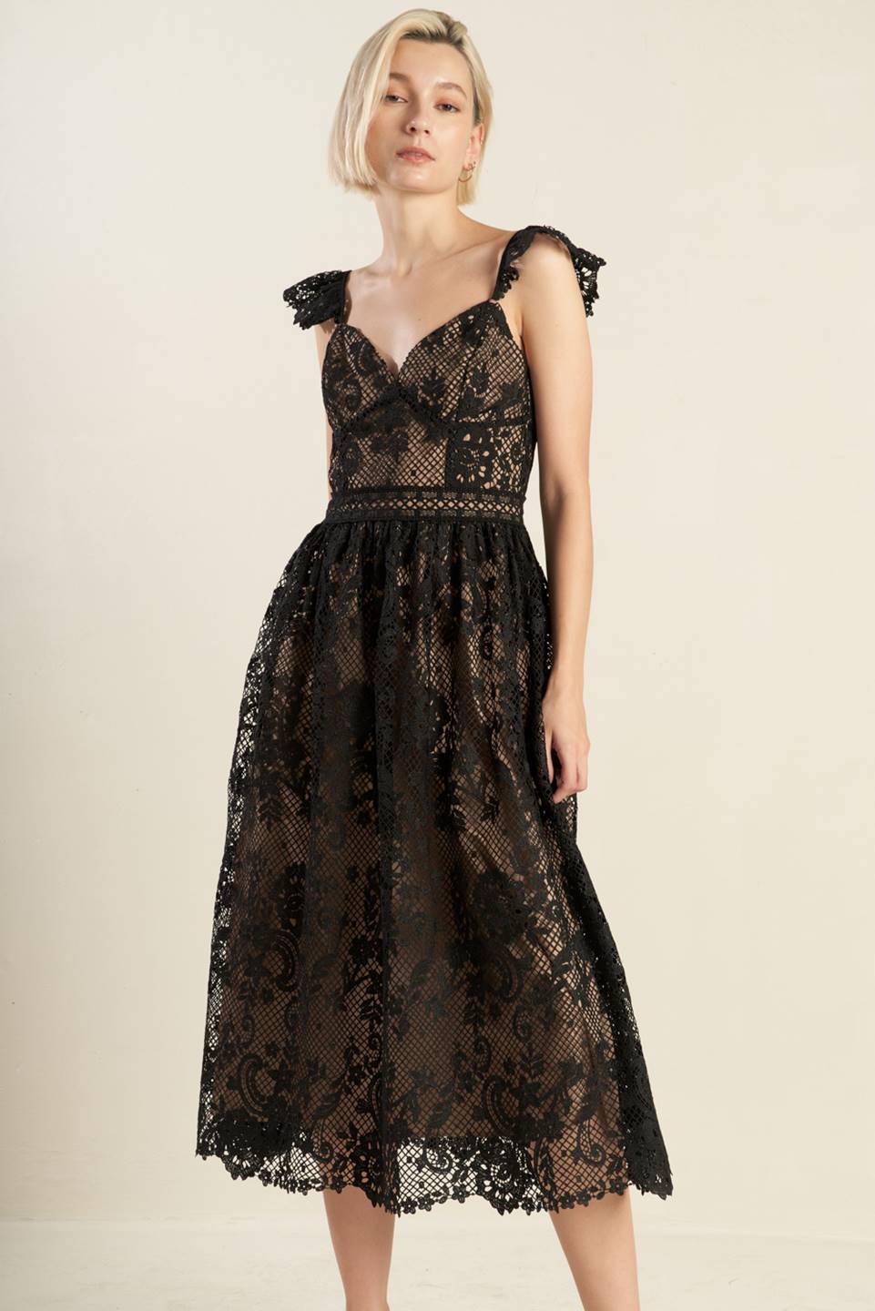 KNOW YOU BETTER Lace Woven Midi Dress - Elegant Floral Summer Dress for Women, Perfect for Weddings, Parties & Date Nights