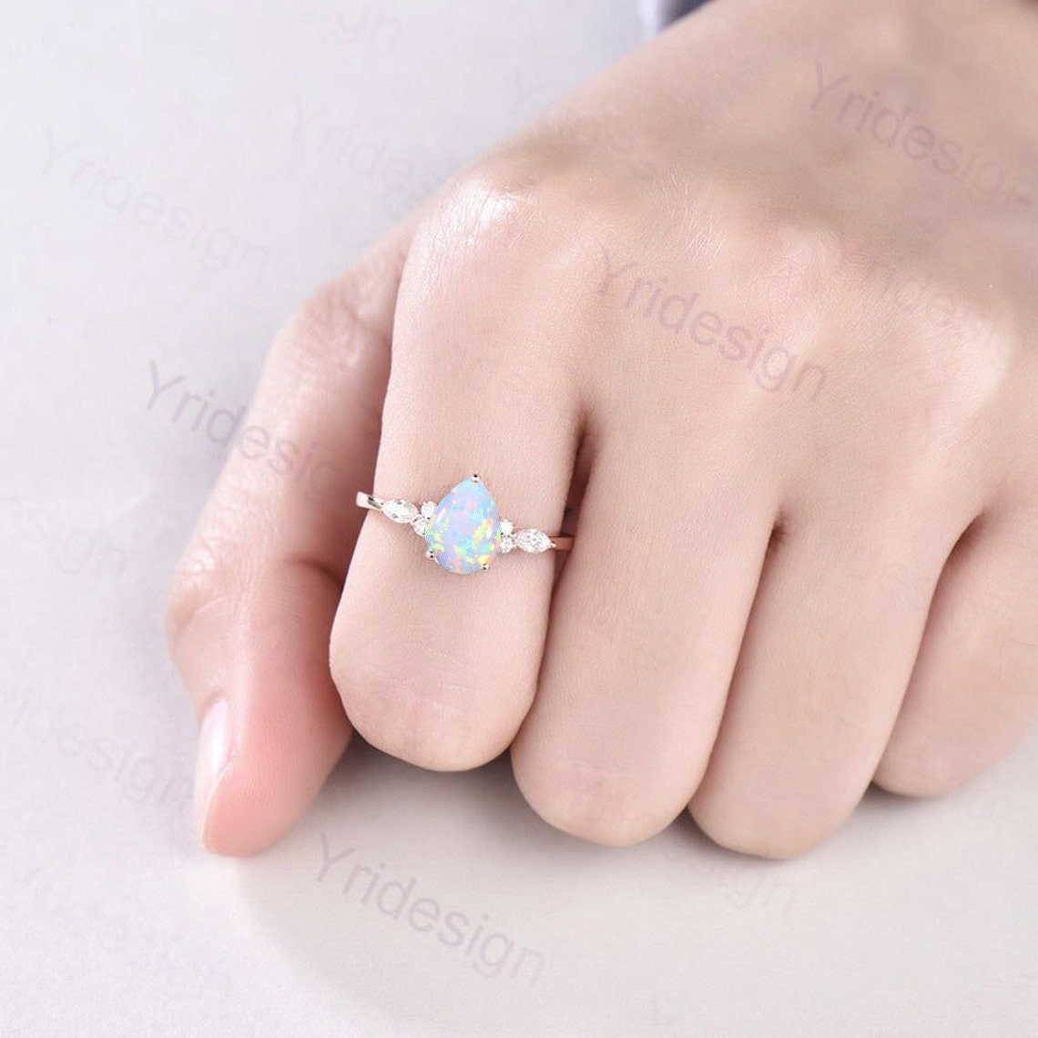 Vintage Pear-Shaped Opal & Ruby Engagement Ring in Rose Gold - 7-Stone Cluster Promise Ring, October Birthstone Jewelry for Women - Perfect for Anniversaries, Weddings & Special Occasions