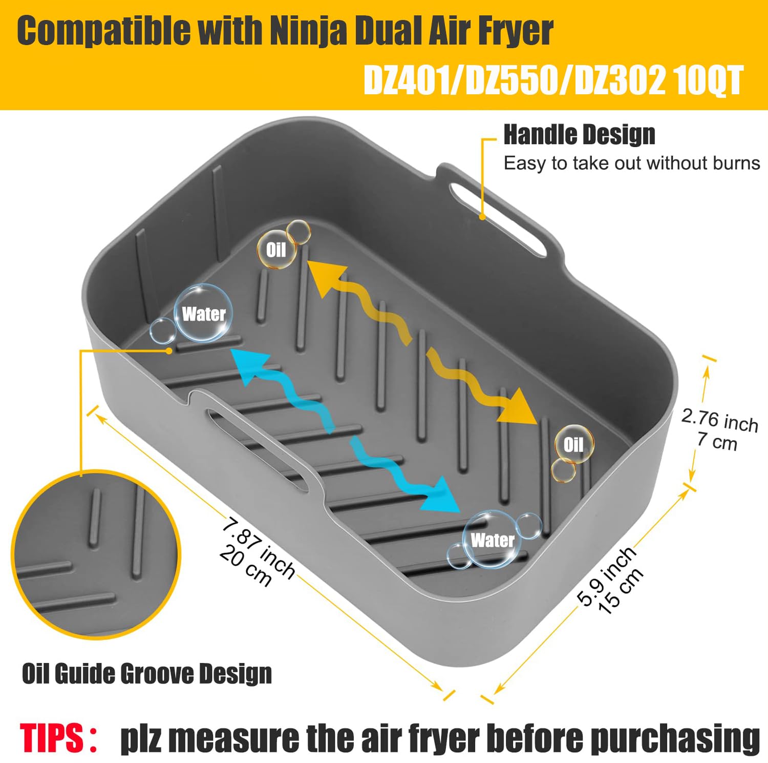 Ninja Dual Zone Air Fryer Silicone Liners 10QT - Reusable Food-Grade Accessories for DZ401/DZ550/DZ302, Ninja DoubleStack XL SL401/SL451 & Cosori 9QT 8-in-1 Dual Air Fryer - Perfect for Healthy Cooking, Baking & Frying - Gray