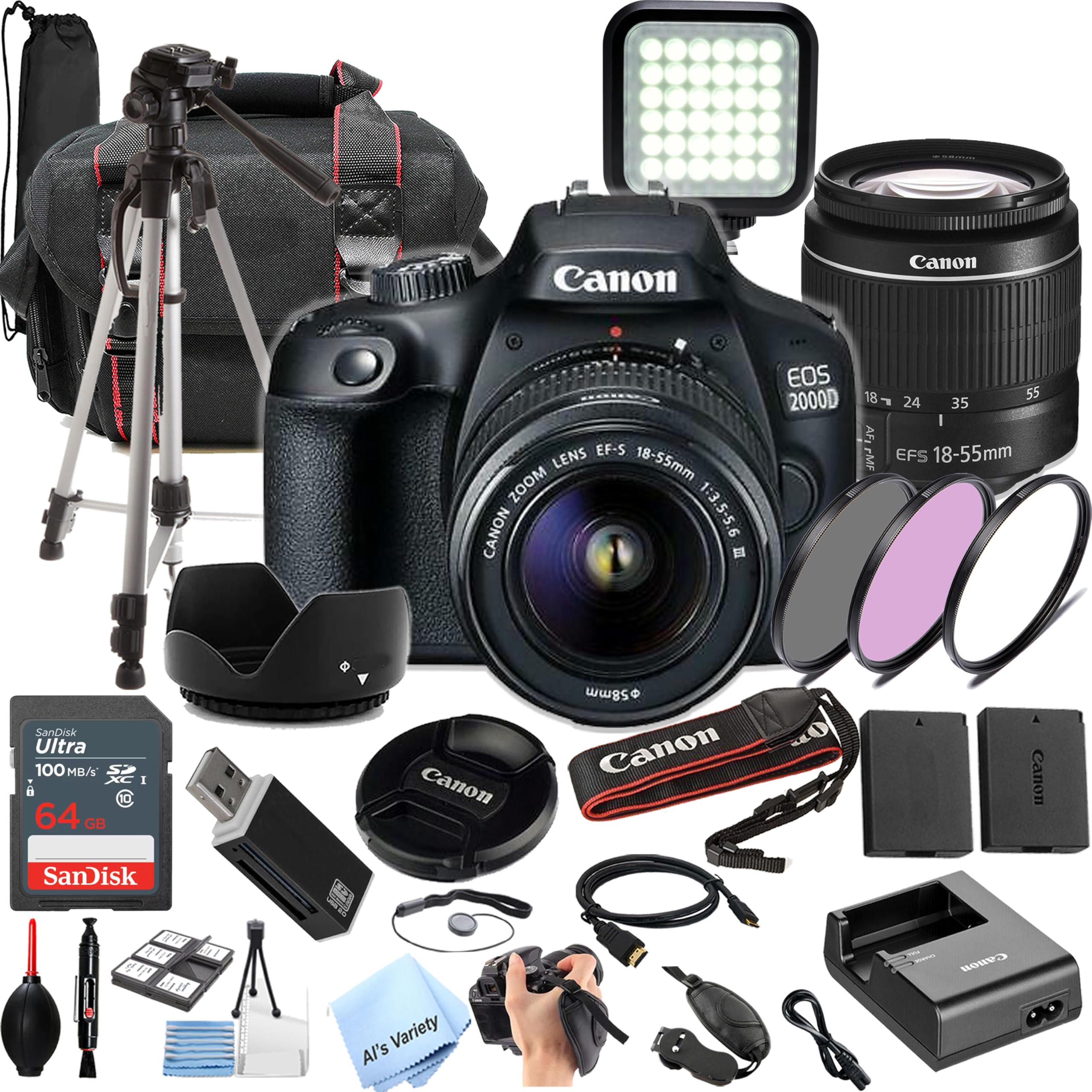 Canon EOS 2000D Rebel T7 DSLR Camera Bundle with EF-S 18-55mm Lens | 64GB SD Card, LED Light, Tripod, Case & 30pc Accessories Kit (Renewed) - Perfect for Beginners, Vlogging & Travel Photography