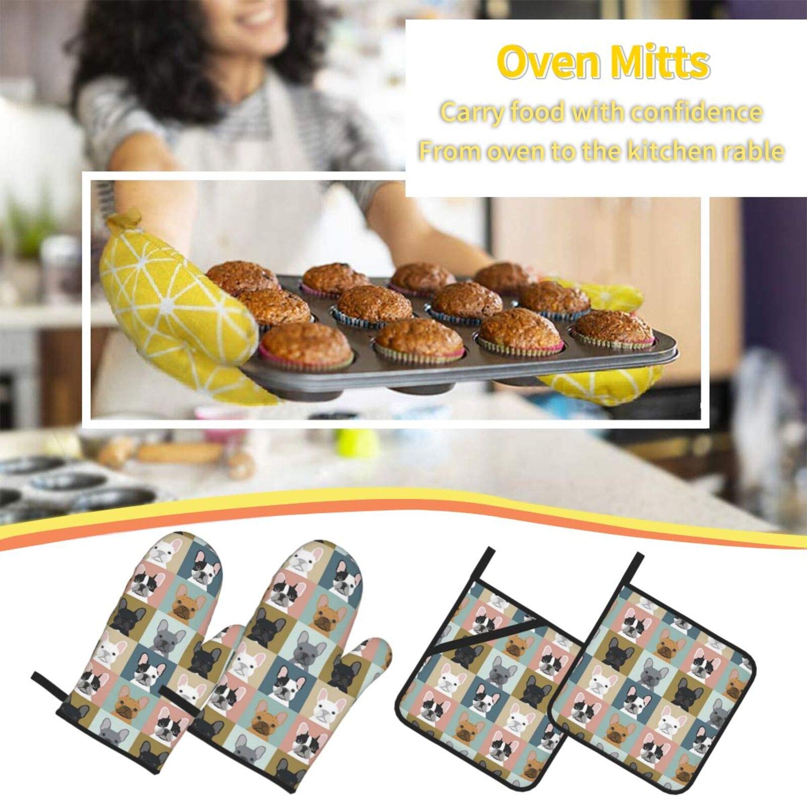 French Bulldog Oven Mitts and Pot Holders Set of 4 - Heat Resistant Kitchen Gloves for Cooking, Baking, Grilling & BBQ - Non-Slip Polyester Hot Pads for Home Chefs & Dog Lovers