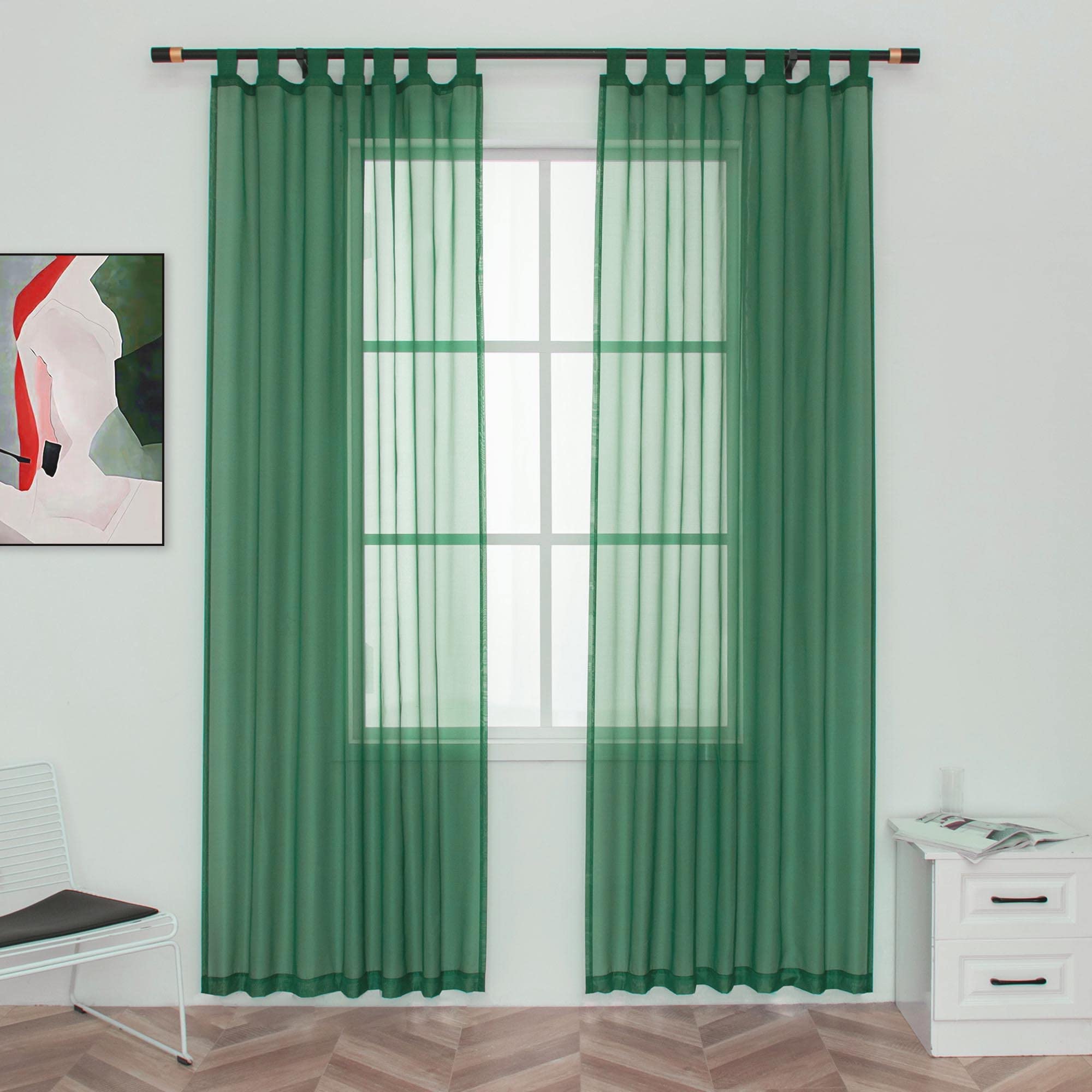 Hunter Green Semi-Sheer Tab Top Curtains - Light Filtering Elegant Window Drapes for Living Room (52x84 Inch, Set of 2 Panels) - Perfect for Privacy & Soft Natural Lighting in Bedrooms & Home Decor