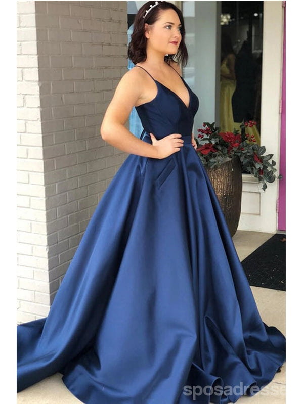 **Elegant Navy Blue A-Line Spaghetti Strap V-Neck Long Prom Dress for Women – Perfect for Homecoming, Formal Dances & Special Occasions**