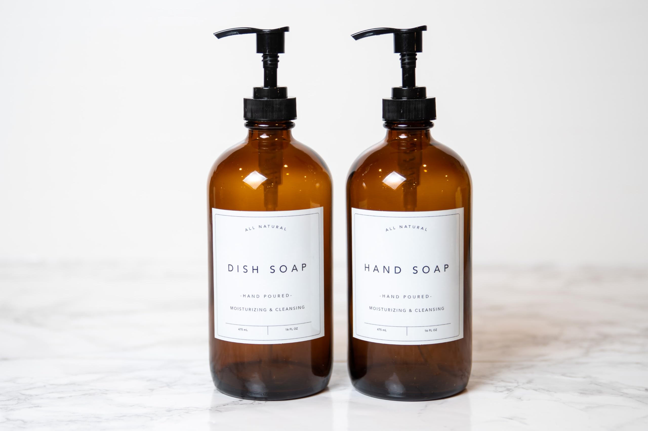 Modern Glass Hand & Dish Soap Dispenser Set - 2 Pack Amber Apothecary Style with Attached Labels | Elegant Kitchen Countertop Organizer for Bathroom, Kitchen Sink & Laundry Room