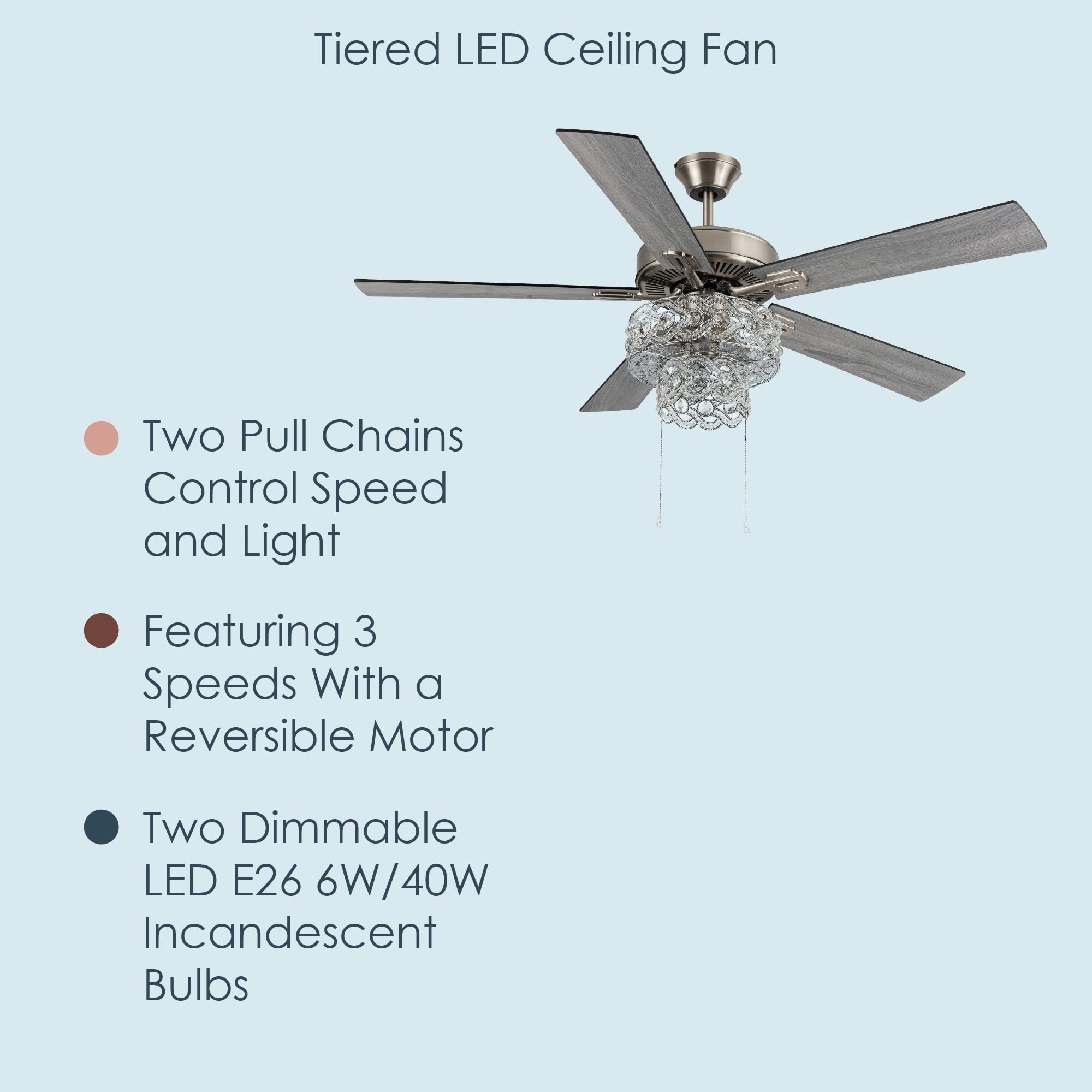 52 Inch Tiered LED Crystal Ceiling Fan with Lights - Elegant Glam Chandelier Fan for Dining Room & Living Room Decor - Remote Control, Energy Efficient, Quiet Operation - Perfect for Home, Bedroom, and Office Lighting