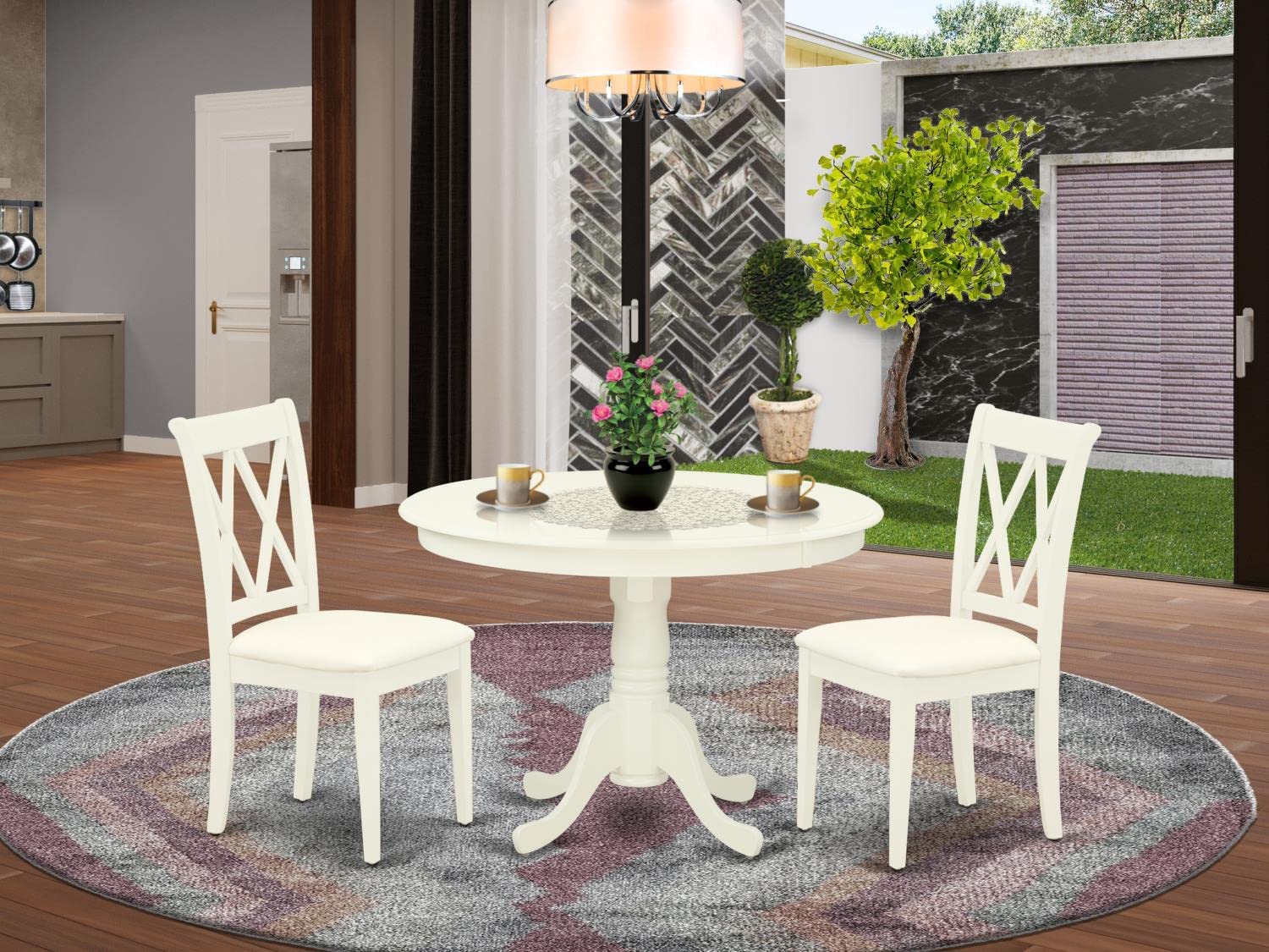 East West Furniture HLCL3-LWH-C 3 Piece White Linen Dining Set - 42 Inch Round Pedestal Table with 2 Fabric Chairs for Kitchen, Breakfast Nook, or Small Space Dining