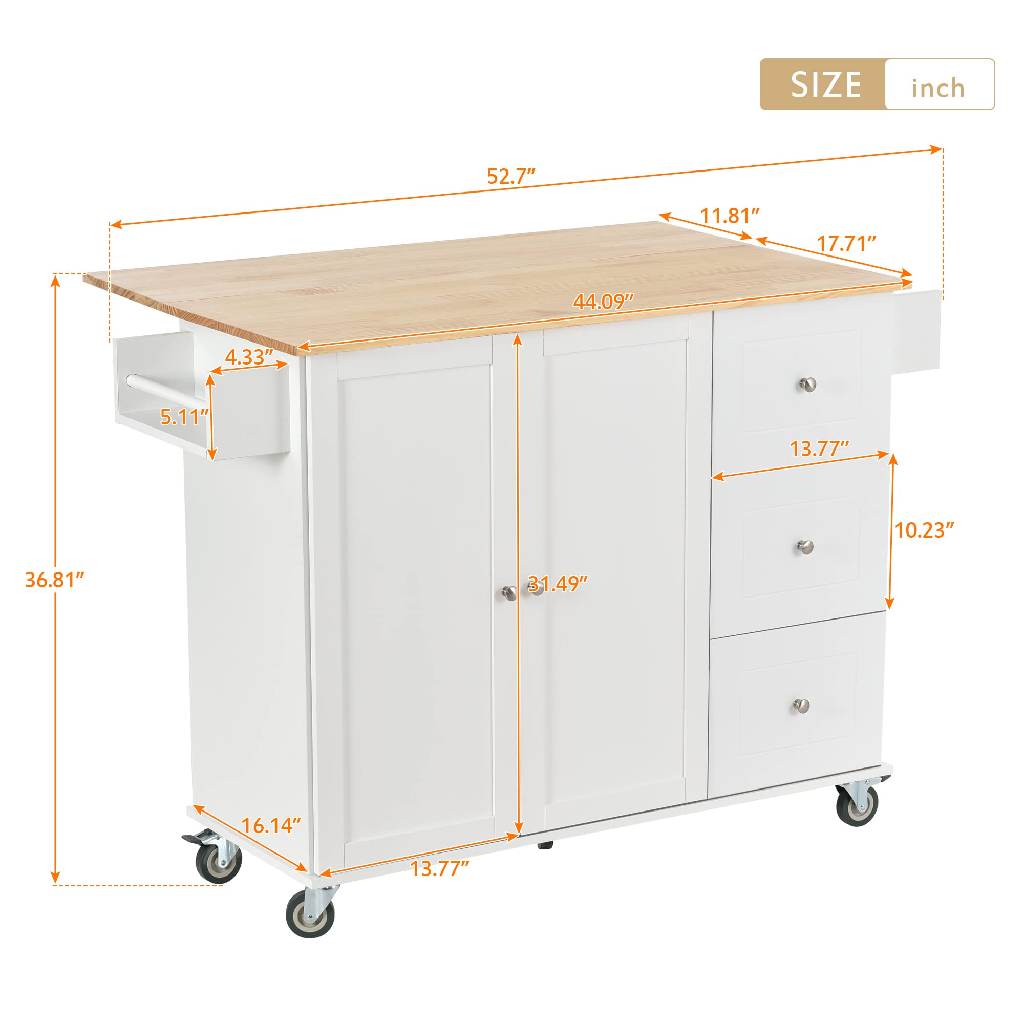 HABITRIO White Kitchen Island Cart with Extendable Solid Wood Table Top - Multi-Functional Counter Height Kitchen Cart with Storage Cabinet, Drawers, Spice Rack & Towel Rack - Perfect for Small Kitchen, Dining Room or Breakfast Nook