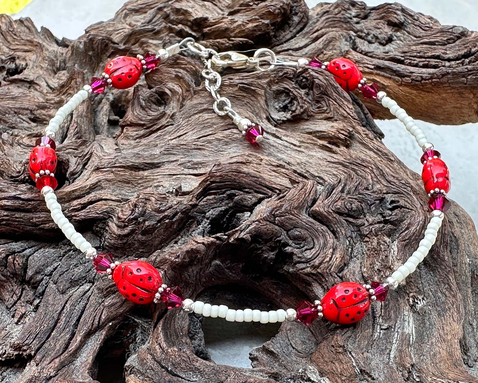 Ruby Crystal Ladybug Beaded Anklet - Elegant Summer Ankle Bracelet for Women | Perfect for Beach, Boho Fashion & Casual Wear