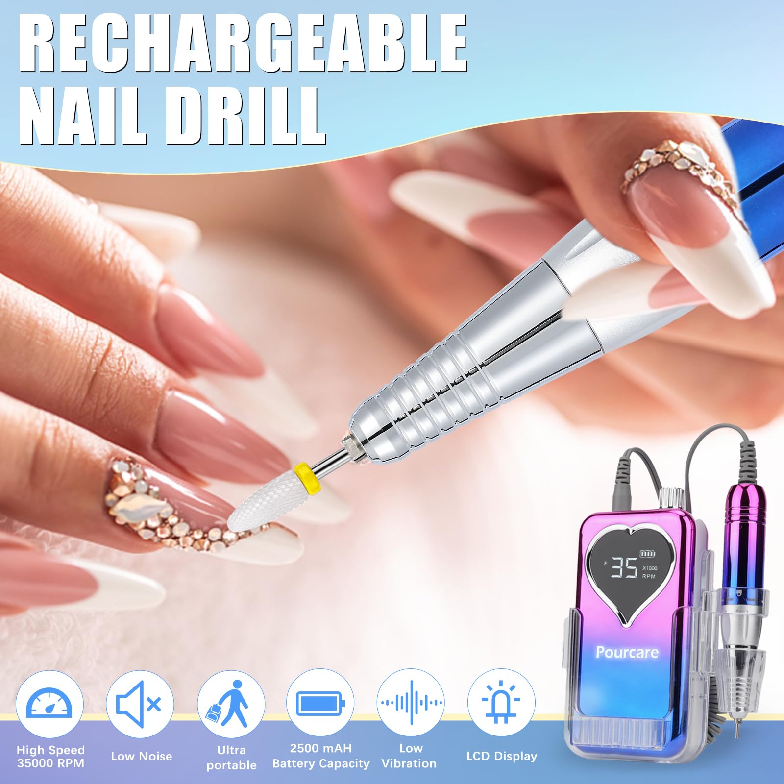 Professional Electric Nail Drill Kit 35000 RPM - Rechargeable Manicure Pedicure Tool Set with Acrylic Nail File & Gel Polish Grinder for Home Salon & Nail Art (Sunset Blue) | Perfect for DIY Nail Care, Professional Salons & Nail Technicians