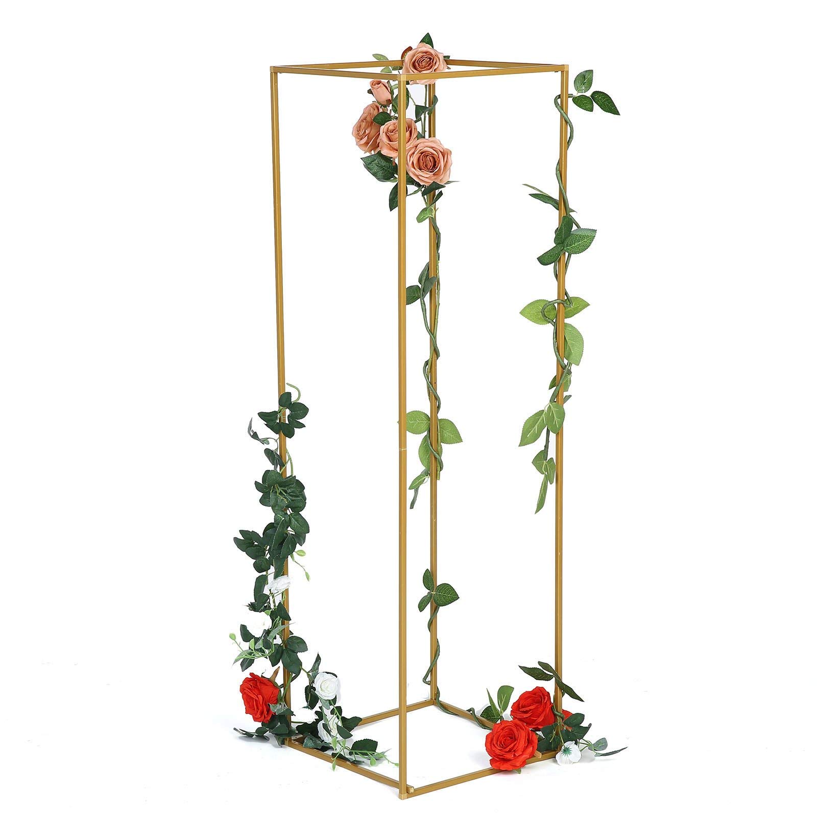 2-Pack Gold Wedding Flower Stand - 48 Inch Metal Vase Column Stand with Geometric Design for Floral Arrangements - Elegant Floor Vase & Rectangle Centerpiece for Weddings, Parties, Home Decor and Events