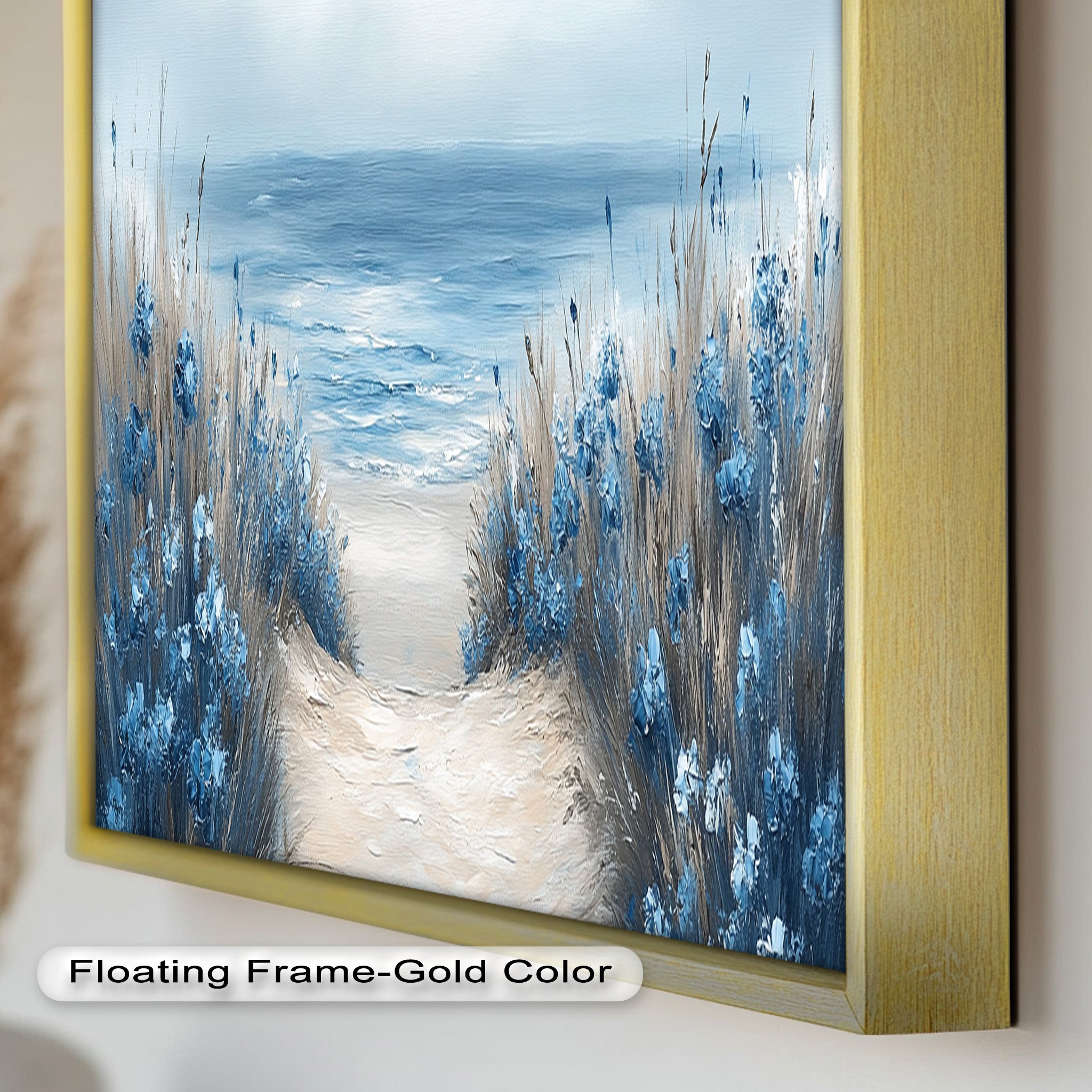 Blue Floral Beach Landscape Realism Oil Painting - Handmade Canvas Wall Art for Living Room, Bedroom & Office Decor