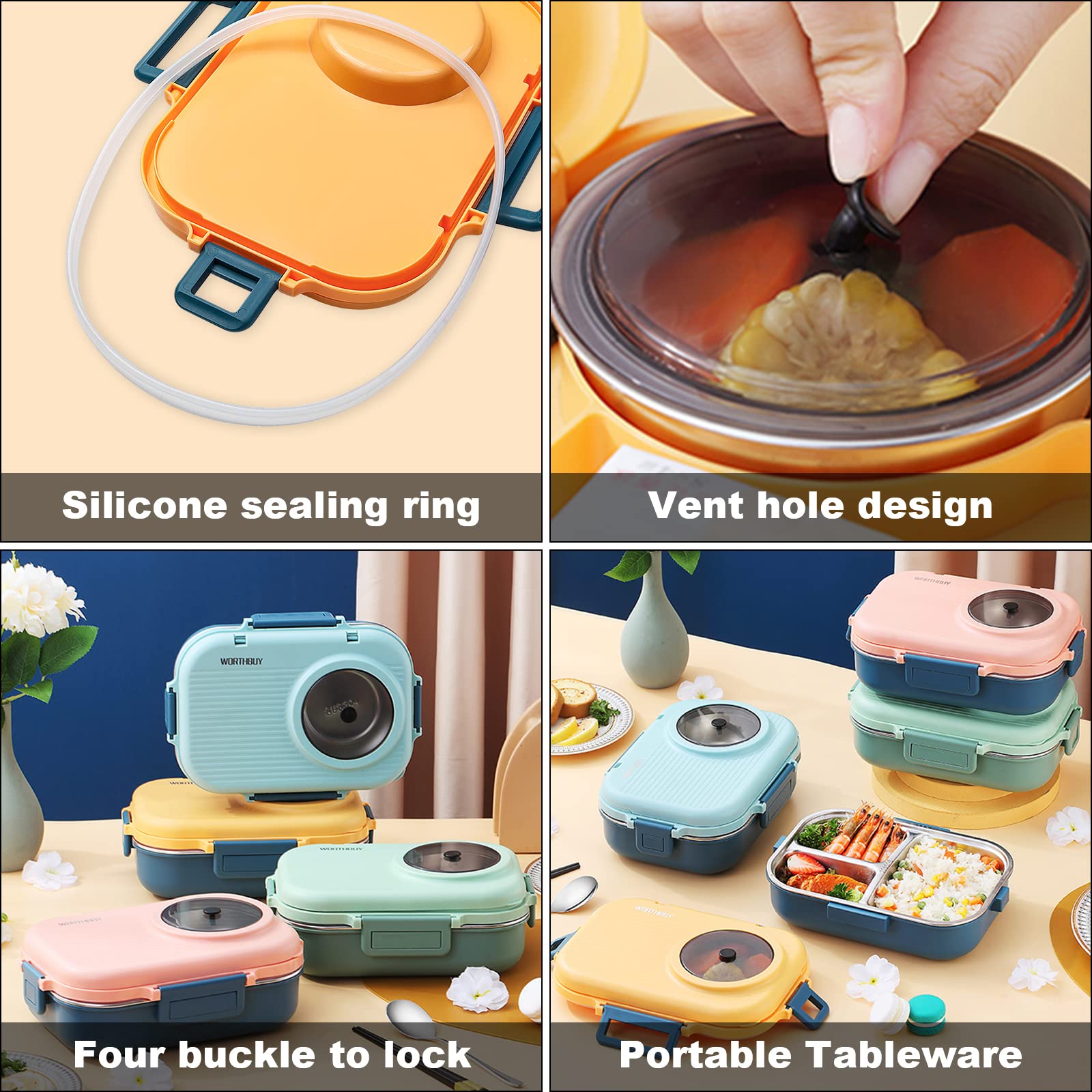 Stainless Steel Bento Box with Insulated Lunch Bag - 900ml Leak-Proof Lunch Container & 200ml Soup Bowl - Eco-Friendly Blue & Yellow Meal Prep Set for Work, School & Picnics