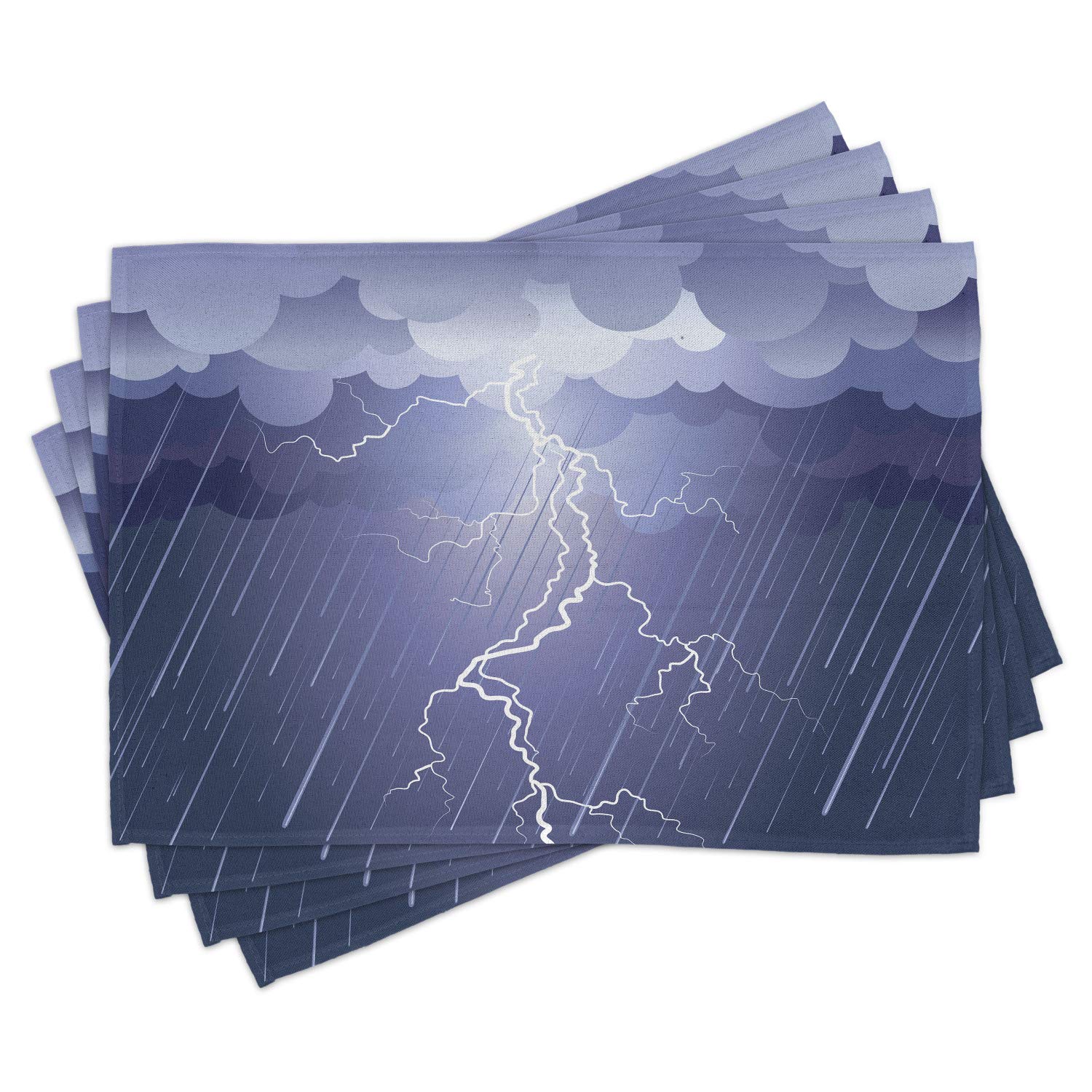 Ambesonne 4-Pack Lightning Placemats - Stormy Night Design for Dining & Kitchen Decor - Blue Washable Fabric