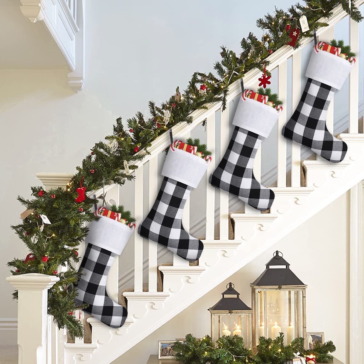 8 Pack Christmas Stockings - 18 Inch Buffalo Plaid Personalized Stockings for Family Holiday Decor | White Cuff Black & White Plaid Stocking Set | Perfect for Xmas Party, Fireplace Mantel & Gift Exchange