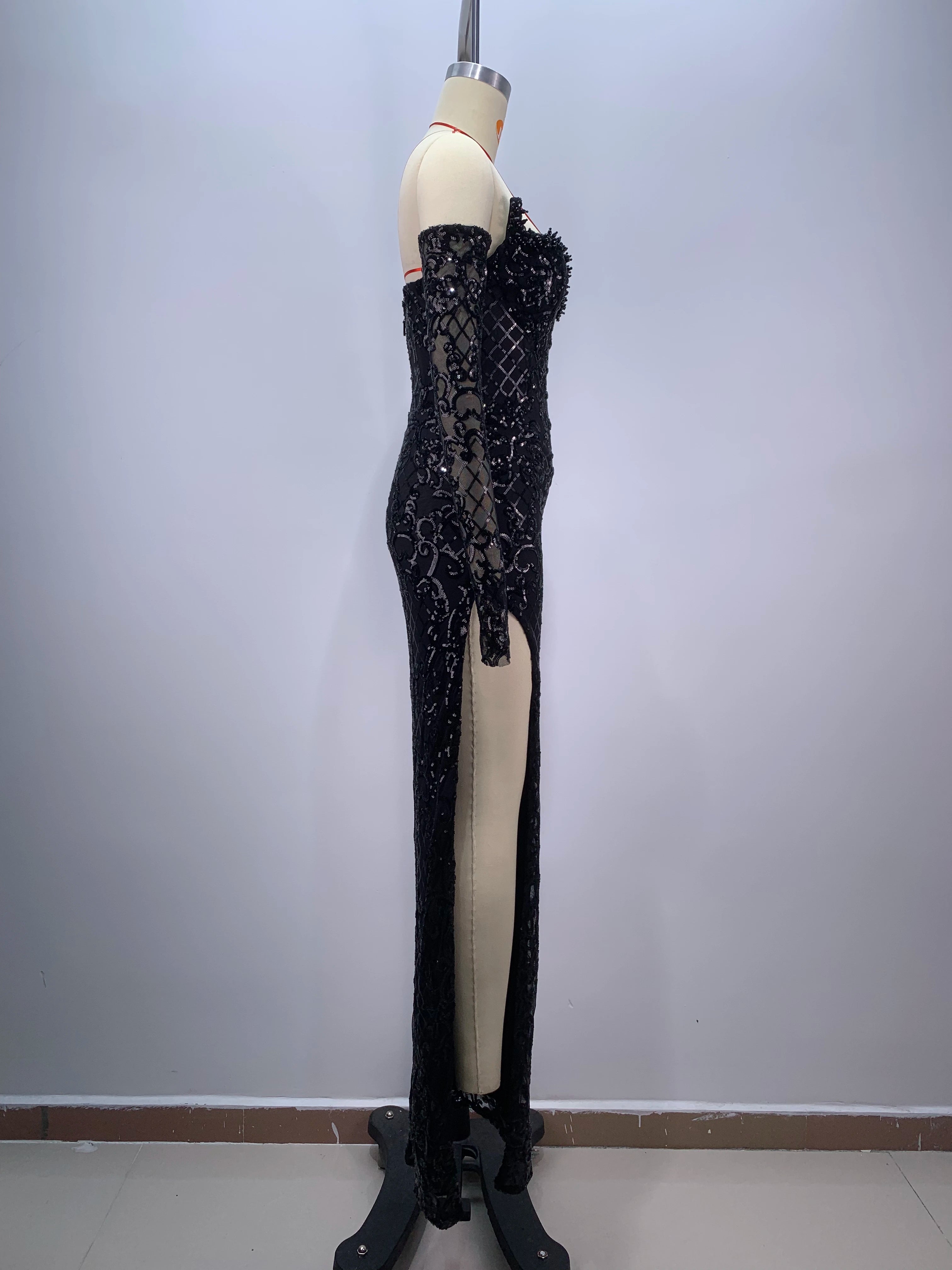 2024 New Black Sequin High Slit Bodycon Long Dress with Gloves for Women - Sexy Evening Party Prom Gown for Celebrations & Special Occasions