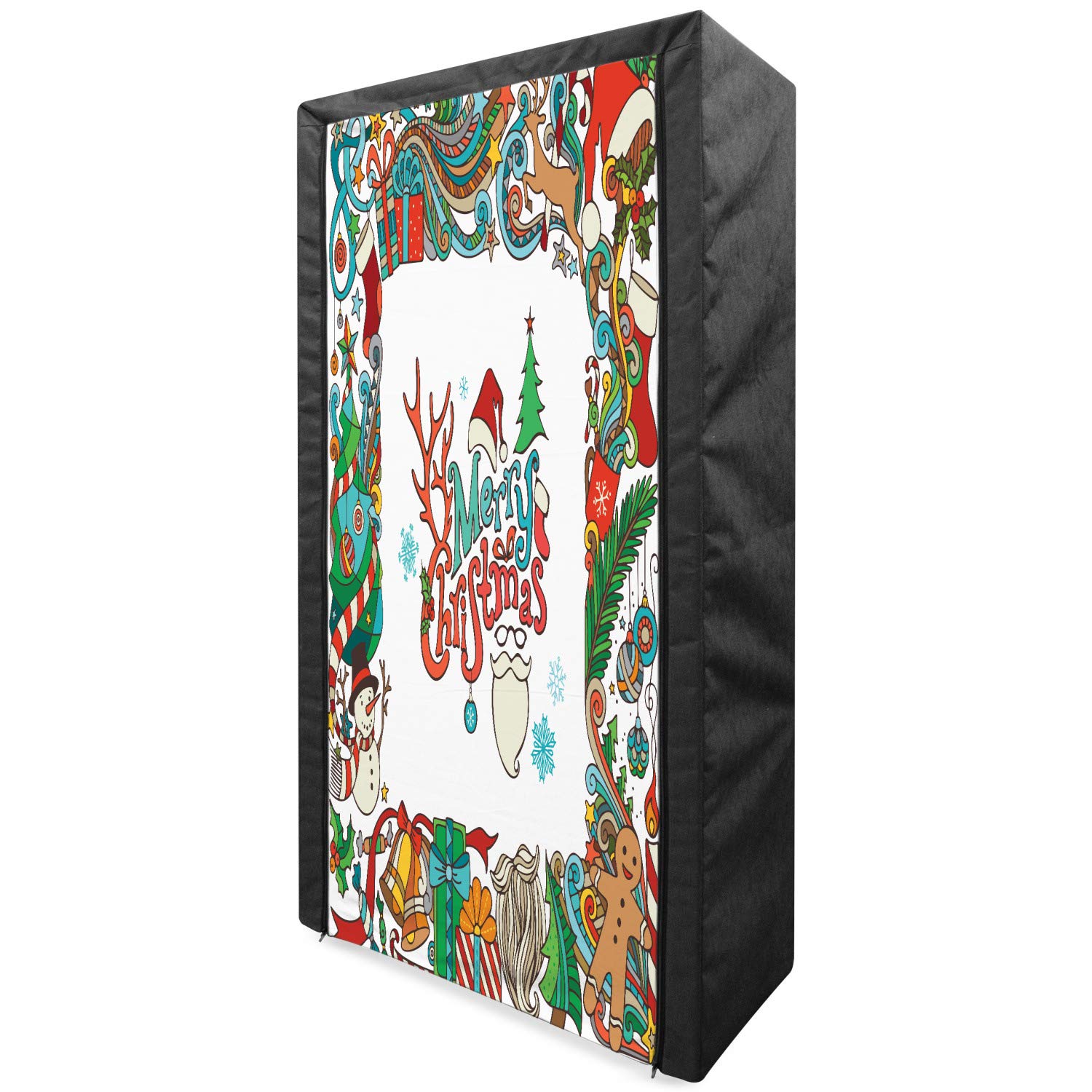 Ambesonne Christmas Portable Fabric Wardrobe with Colorful Santa Snowman Gingerbread Print - 33.5 Inch Holiday Clothing Organizer & Storage Closet with Shelves for Seasonal Decor, Bedroom, and Gift Wrapping Station