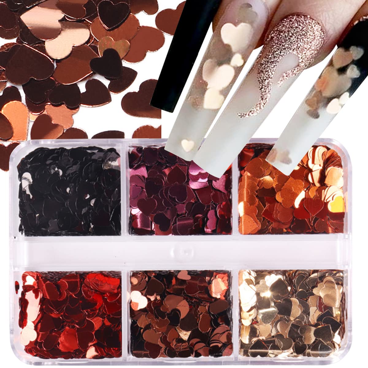 3D Heart Glitter Nail Sequins - 6 Grids Holographic Nail Art Stickers for Valentine's Day, Red Rose Gold Black Heart Glitter Decals | DIY Nail Design Charms, Party & Wedding Nail Art Decorations