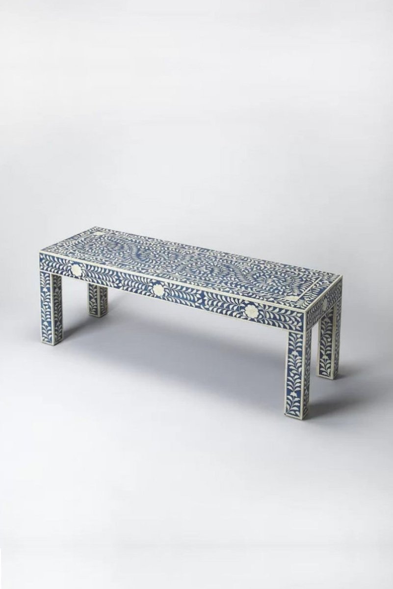 Handmade Bone Inlay Bench - Elegant Boho Style Wooden Entryway Bench with Intricate Carvings | Handcrafted Furniture for Living Room, Bedroom & Hallway Decor