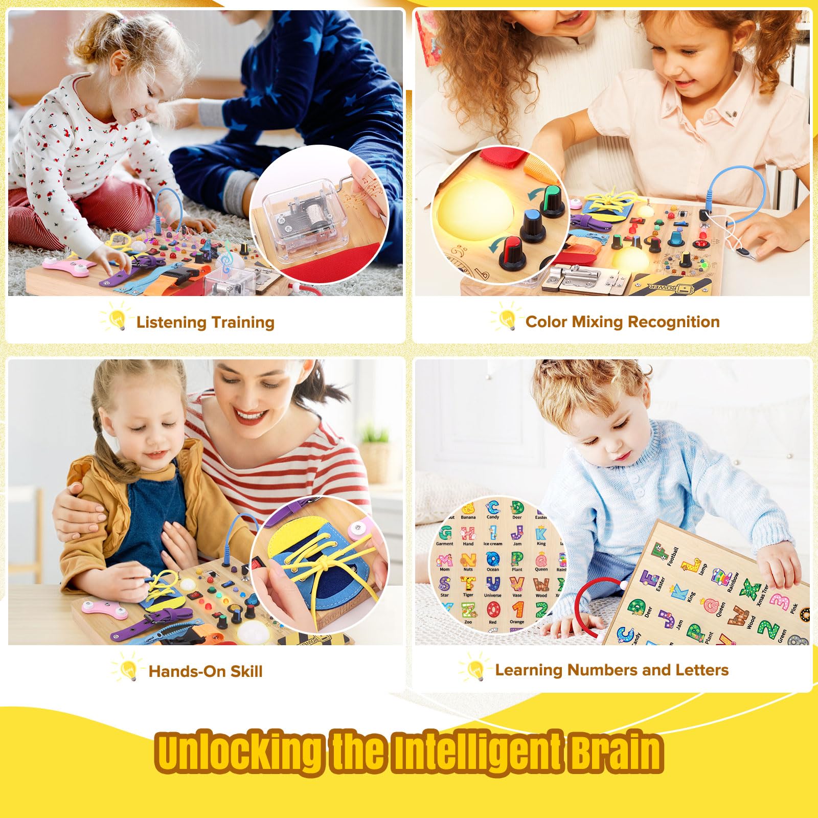 23-in-1 Montessori Busy Board - Wooden Sensory Learning Toy for Toddlers 1-3 Years Old with 15 Switches, 26 LED Lights, Music Box & Locks - Educational Activity Board for Fine Motor Skills Development - Perfect for Travel, Daycare & Autism Therapy