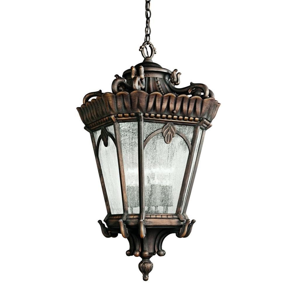 Kichler Tournai 33.5 Inch 4-Light Outdoor Pendant Light with Clear Seeded Glass - Londonderry Finish - Perfect for Patio, Porch, and Backyard Lighting