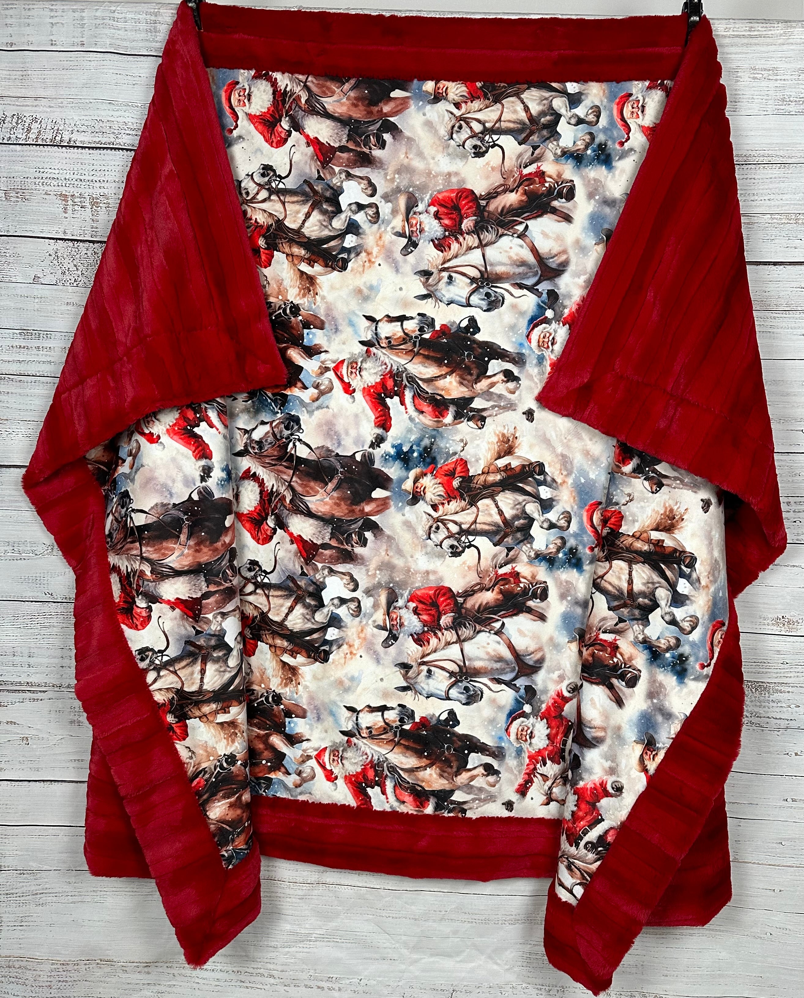 Premium Red Luxe Minky Blanket 53x78 - Soft Cowboy Santa Design for Christmas Decor, Cozy Bedding & Gift Ideas