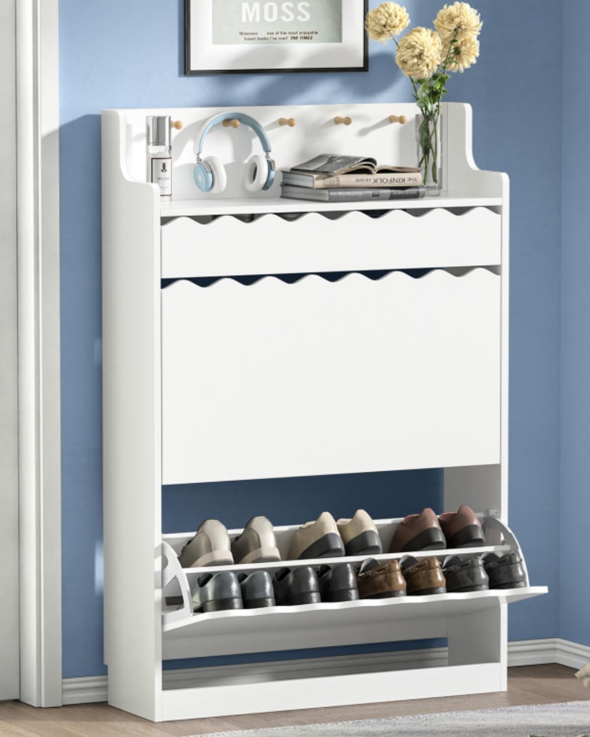 Anmytek White Shoe Storage Cabinet with 2 Flip Drawers & Drawers - Narrow Freestanding Hidden Wood Shoe Organizer for Entryway, Hallway, Living Room - Perfect for Small Spaces, Apartment Entry, and Closet Organization