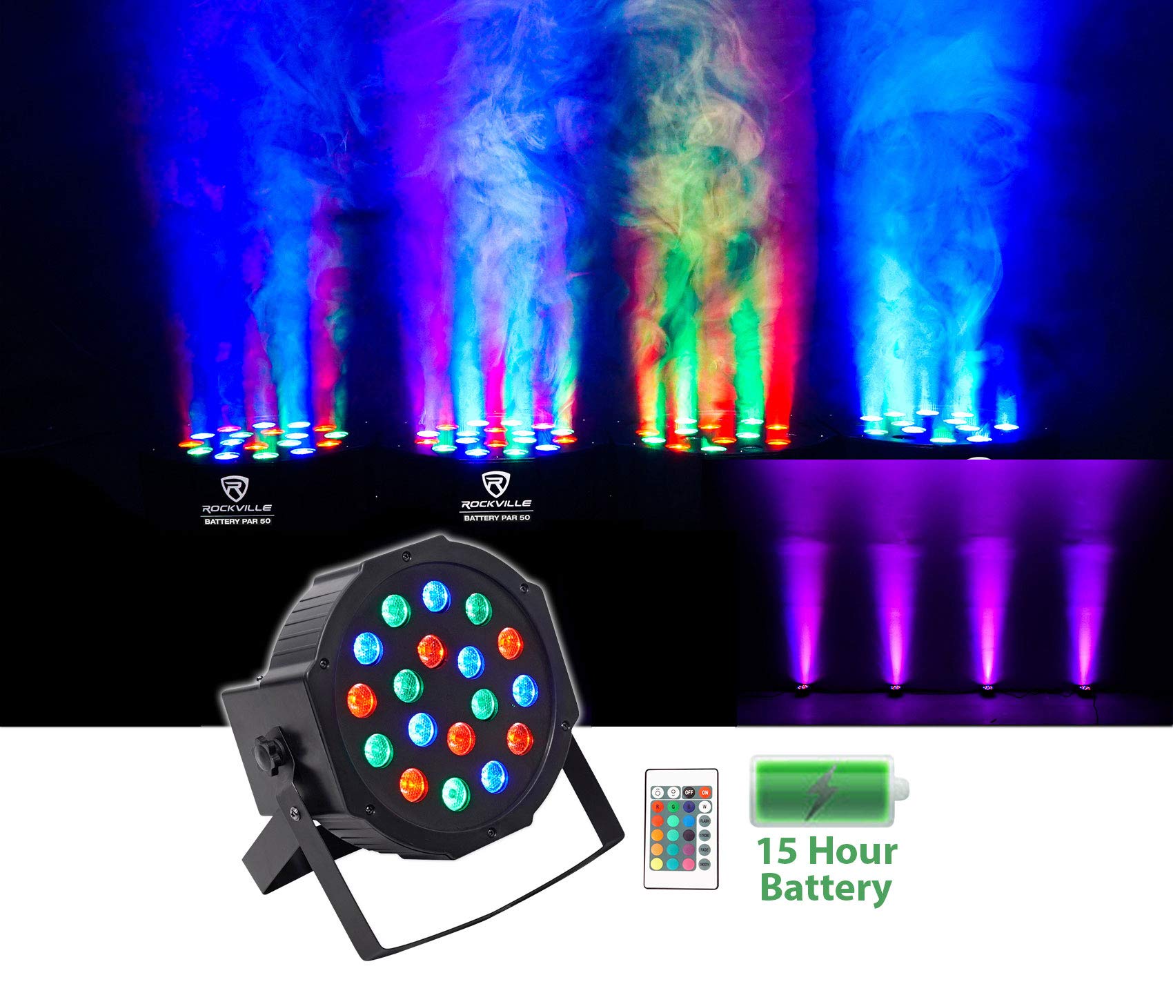 Rockville PAR 50 Rechargeable LED DMX DJ Lights - 2 Pack with Remote Control for Club, Stage, and Event Lighting