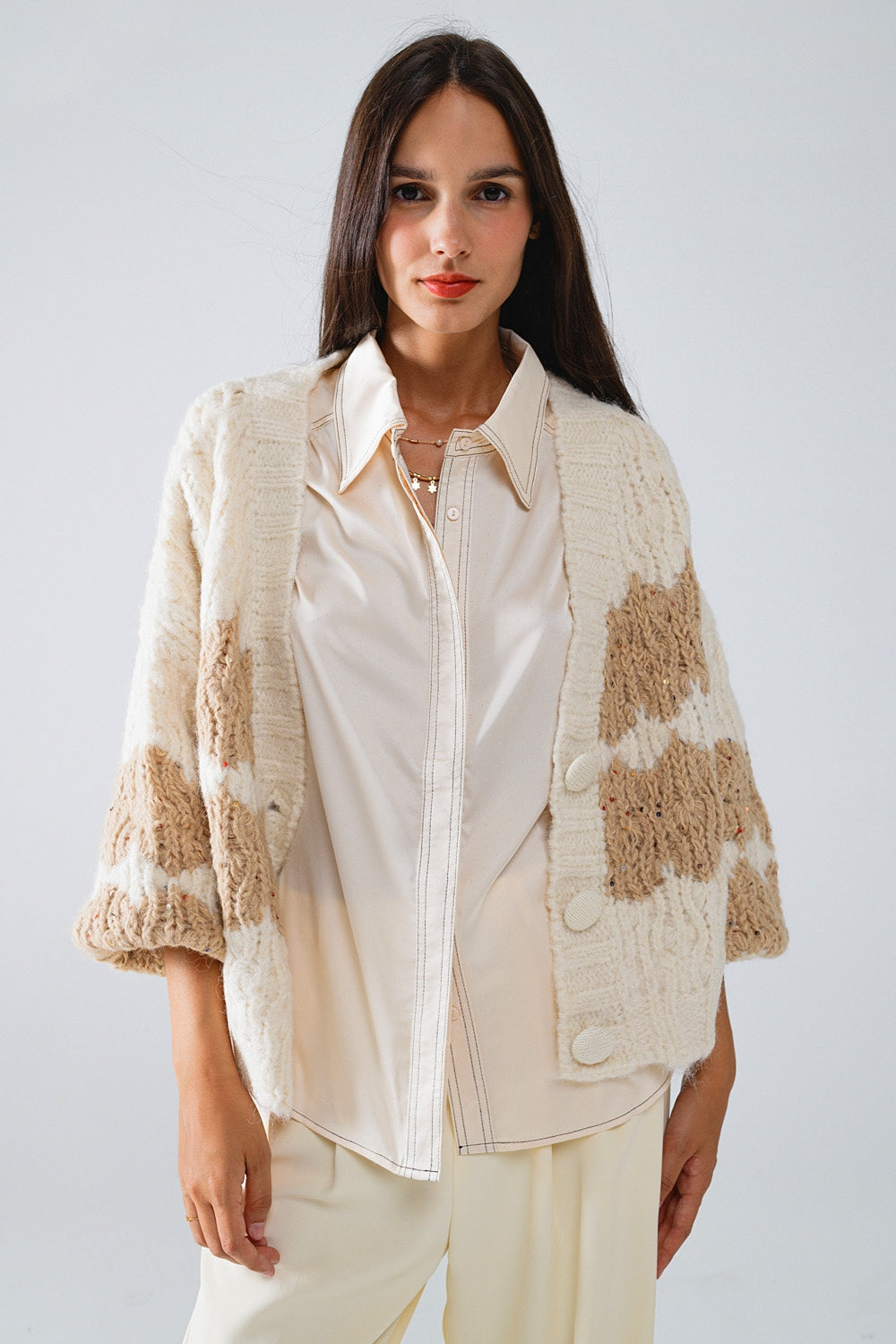 Chunky Knit Striped Cardigan with Glitter Details - Cream - Cozy Winter Wear for Women, Perfect for Casual Outfits & Holiday Parties