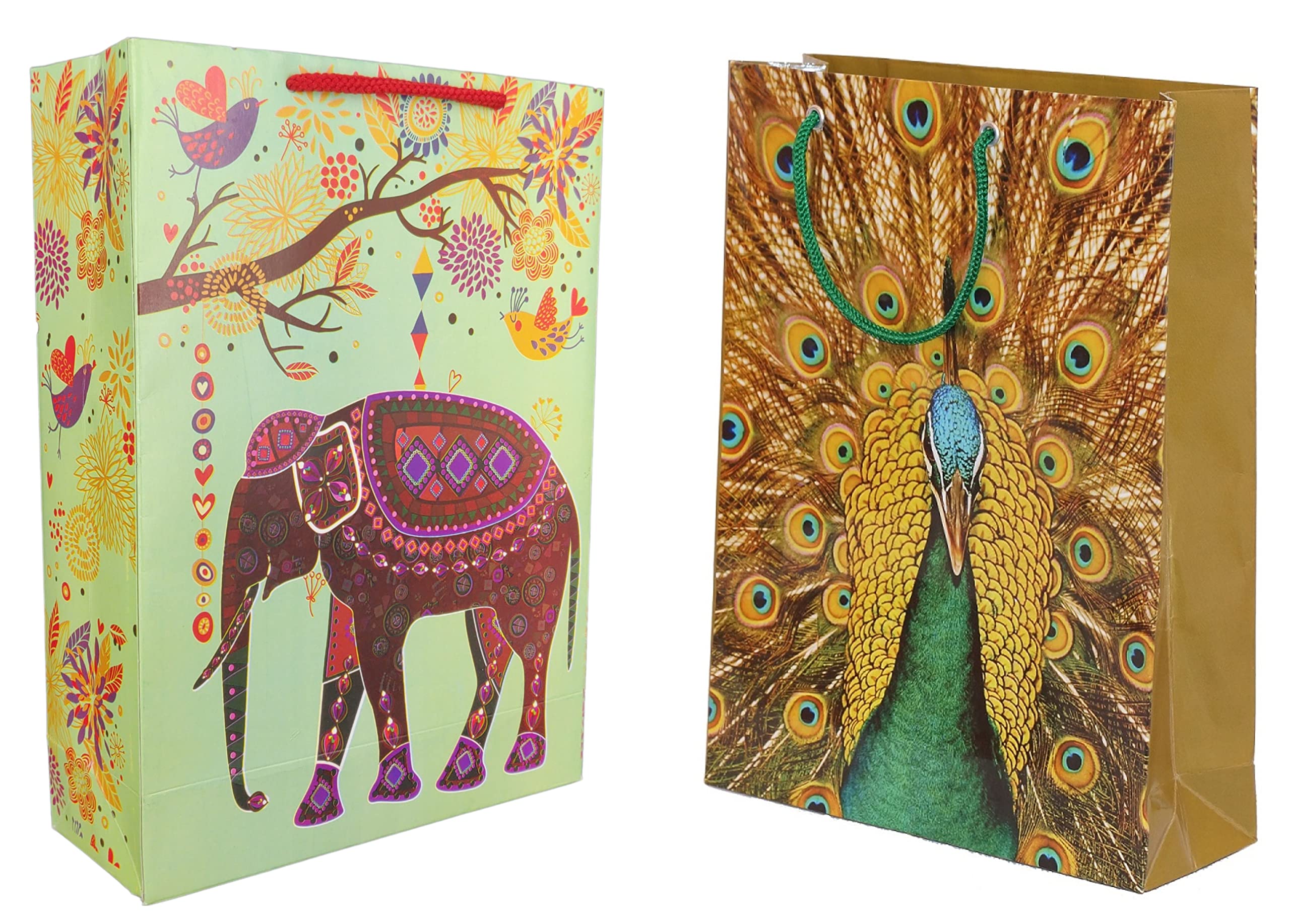 Eco-Friendly Green Elephant & Peacock Print Paper Gift Bags - 11x8x3 Inches Bulk Pack of 10 - Perfect for Birthday Party Favors, Wedding Return Gifts & Holiday Presents